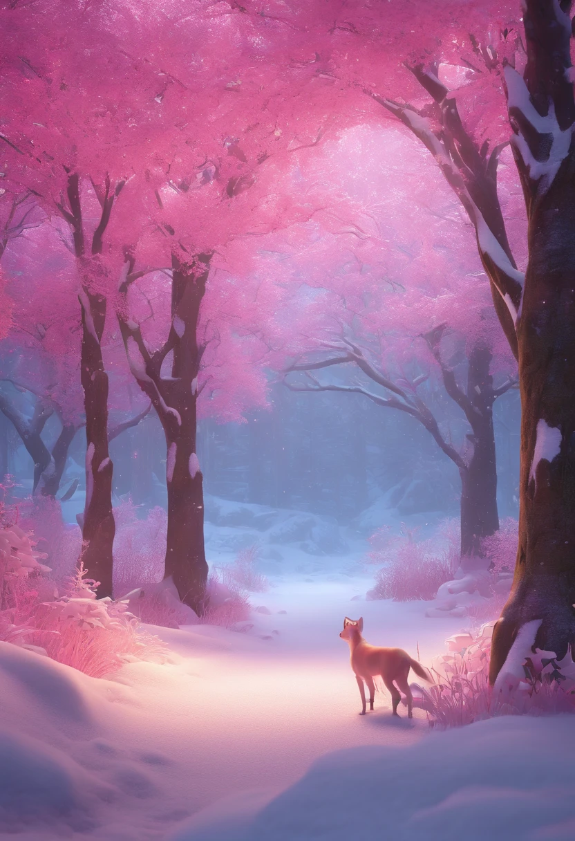 "Generate an exceptionally detailed scene of a dimly lit snowy wonderland, rich with micro-details, and bathed in a captivating magenta-themed glow. Envision a serene winter landscape, each snowflake delicately outlined in the soft, dim light. Highlight the intricate textures of snow-covered branches, capturing the subtle play of shadows in the ambient magenta hues. Craft a visual masterpiece that immerses the viewer in the enchanting ambiance of a quiet, snow-kissed world, emphasizing the smallest details to evoke a sense of tranquility and awe."
