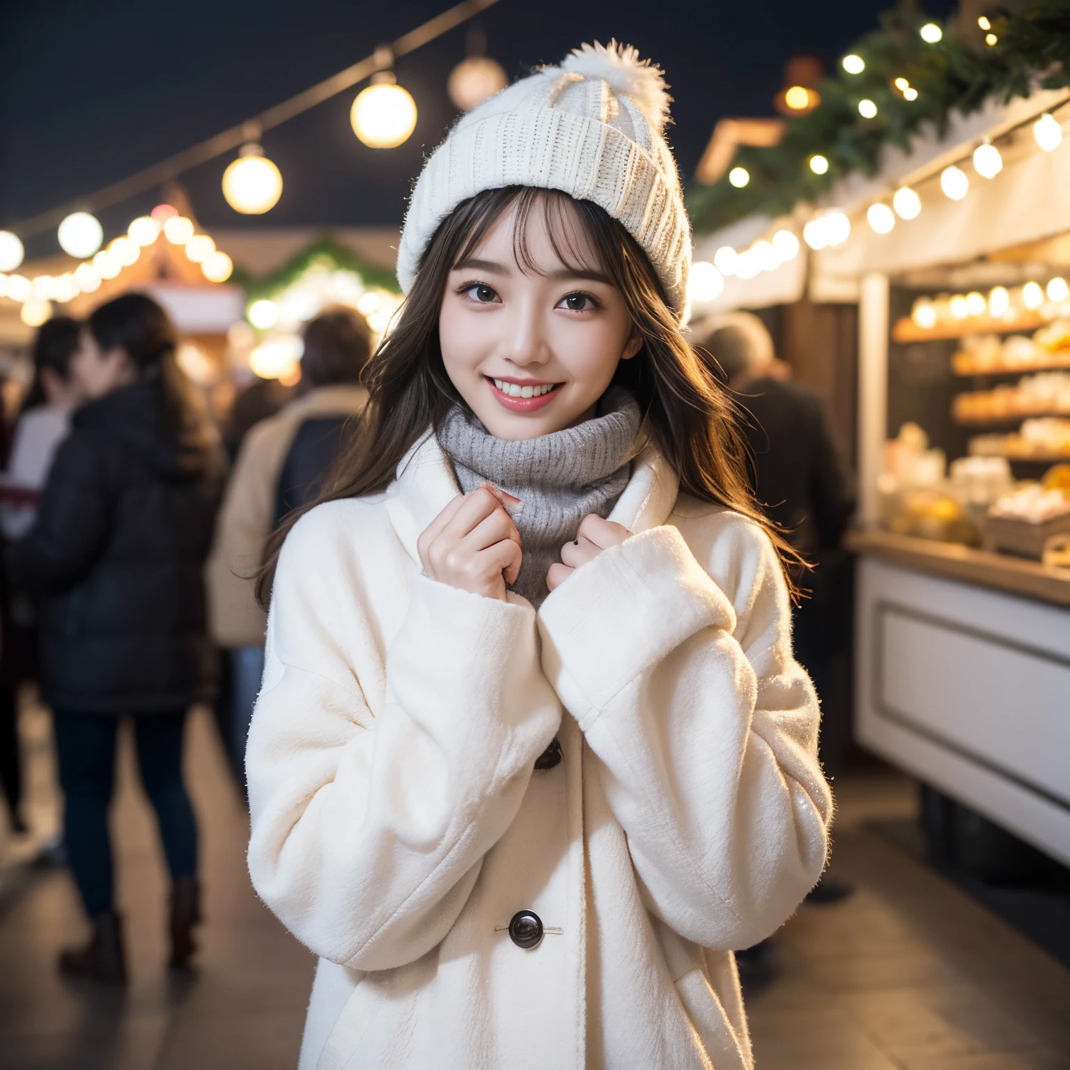 ((top-quality、8K、masterpiece:1.3))、。 40k、a picture、masterpiece、top-quality、、((Girl with gray eyes、She has a beautiful face))、Christmas Market、White down coat、snowflakes falling、Sparkling shine processing、Show your teeth and smile、White breath、White knitted hat、Mouton Boots、Lover's perspective、Top Index Illustration、Japan idol、kawaii、Photo from the chest up、Yellow teeth