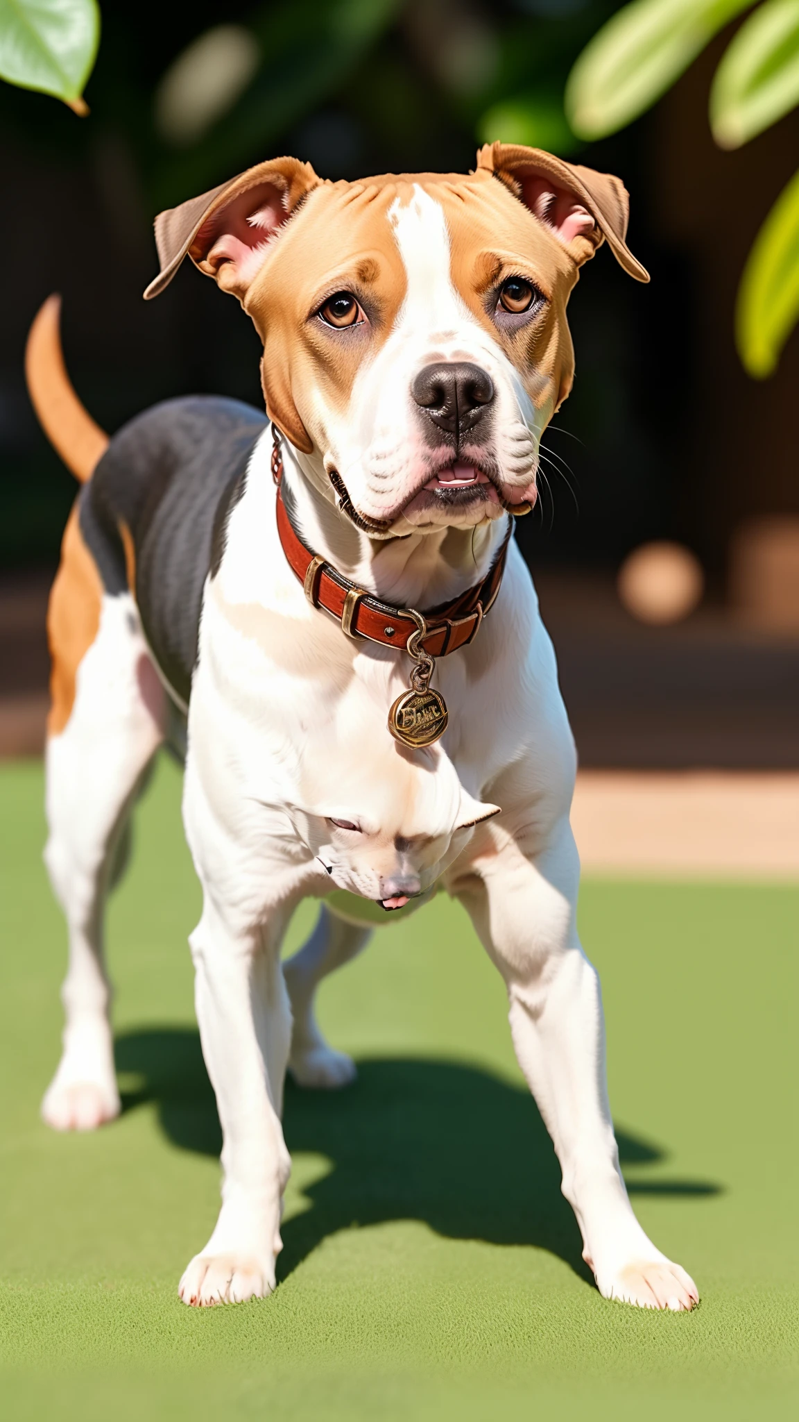 Uma cadela Pitbull red nouse brincando em um jardim,modelo dysnei Pixar,olhos verdes,o corpo marrom com branco