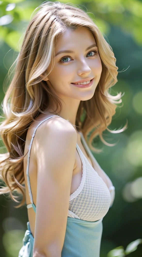 American white woman with unparalleled looks、dark blonde、Twin-tailed、Hair is wavy、The ends of the hair are curled、blue eyess 、A slender、Out of focus background of open meadow in the forest、The sun filtering through the trees is beautiful、a smile、Looking at the camera、Slender but well-proportioned body with large breasts、Posing like a model、Raking up hair、There must be space above the head、Breast bare、Very high definition