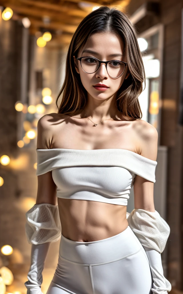 (8K, Masterpiece, RAW photo, Best quality, detail:1.3), (ultra realistic:1.4, scenary, 8K), Depth of field, Cinematic light, (ultra realistic face), (1 solo girl:1.7), (Beautiful and elegant Russian girl), ( tight [red|white] [miniskirt|leggings|minidress|skinny minishorts], 1.6), (skinny girl with glasses), (European face:1.3), (natural abs), (full body:1.5), ([tight minitop|tight jacket]:1.4), (small necklace, collarbone:1.1), ([short hair]:1.5), (ultra detailed skin:1.4), (soft mate fabric:1.3), ([frontal pose|side profile pose|back profile pose]:1.5), (face looking at viewer:1.5), (perfect hands:1.4), (perfect anatomy:1.6), ([black hair|blonde hair]:1.4), ( layered bangs hair:1.5)