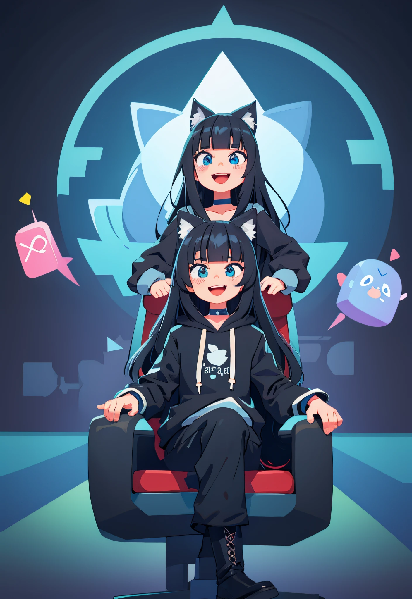 best quality, masterpiece, highly detailed, kawaii,
BREAK (short boy:1.3), 1boy, solo, (long hair, straight hair, black hair, blunt bangs, azure eyes:1.3), (wolf ears), choker, fangs, blush, (realistic:0.8), (sitting in chair with gaming control.)
(oversized clothes, puffy sleeves, black hoodie, black boots, black pants), happy, :D,
BREAK cute aesthetic illustration, stylized digital art, colorful paint style,