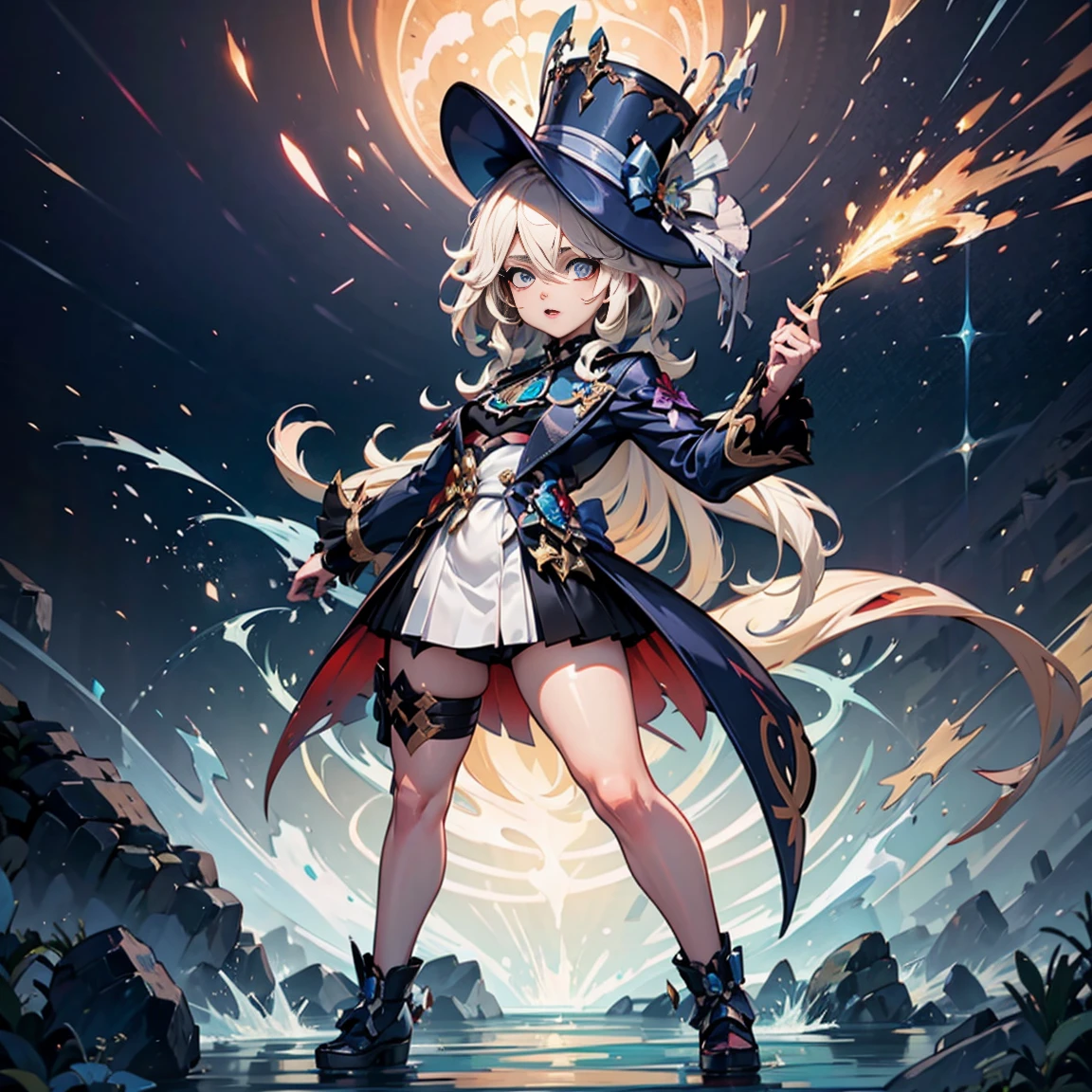 Personaje furina de genshin impact, con su traje, full body size, y que se vea su sombrero completo