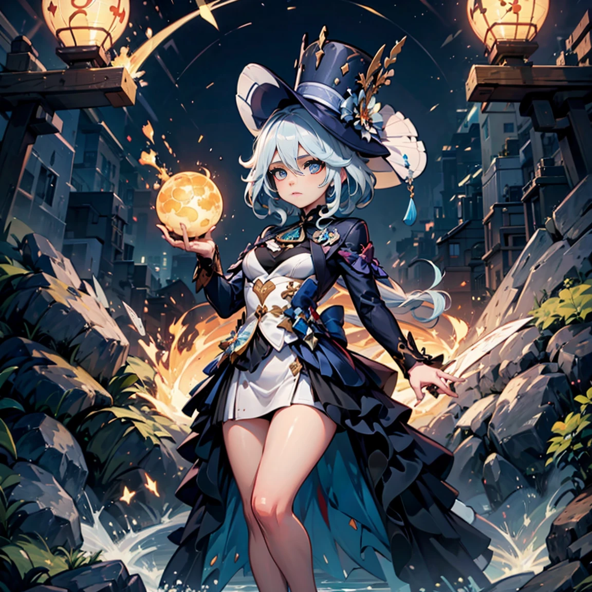 Personaje furina de genshin impact, con su traje, full body size, y que se vea su sombrero completo