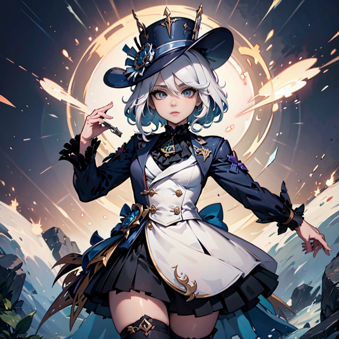 Personaje furina de genshin impact, con su traje, full body size, y que se vea su sombrero completo
