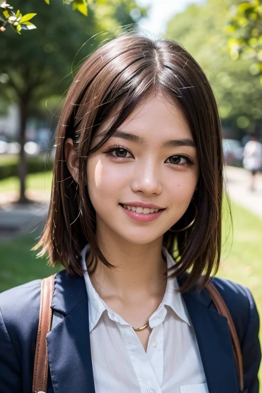 Floresta, chuva, studiolight, profundidade de campo, parte superior do corpo, delgado, cara bonito, grande sorriso, belos olhos de detalhe, without false eyelashes, short eyelashes, 45 years Japan, fofo, cachos volumosos marrons quentes, Terno de Marinheiro, senior high school student, puro,