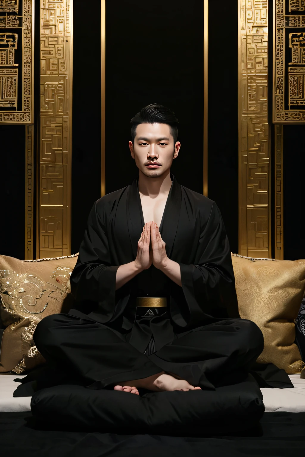 One was wearing a black robe，Gold belt，33-year-old Chinese man crosses his hands，He is sitting on a black cushion,in meditation pose, praying pose, wearing a long flowing robe, zen meditation, Wearing gilded black robe, in meditation pose, Handsome looking，Blank background，Sit upright。