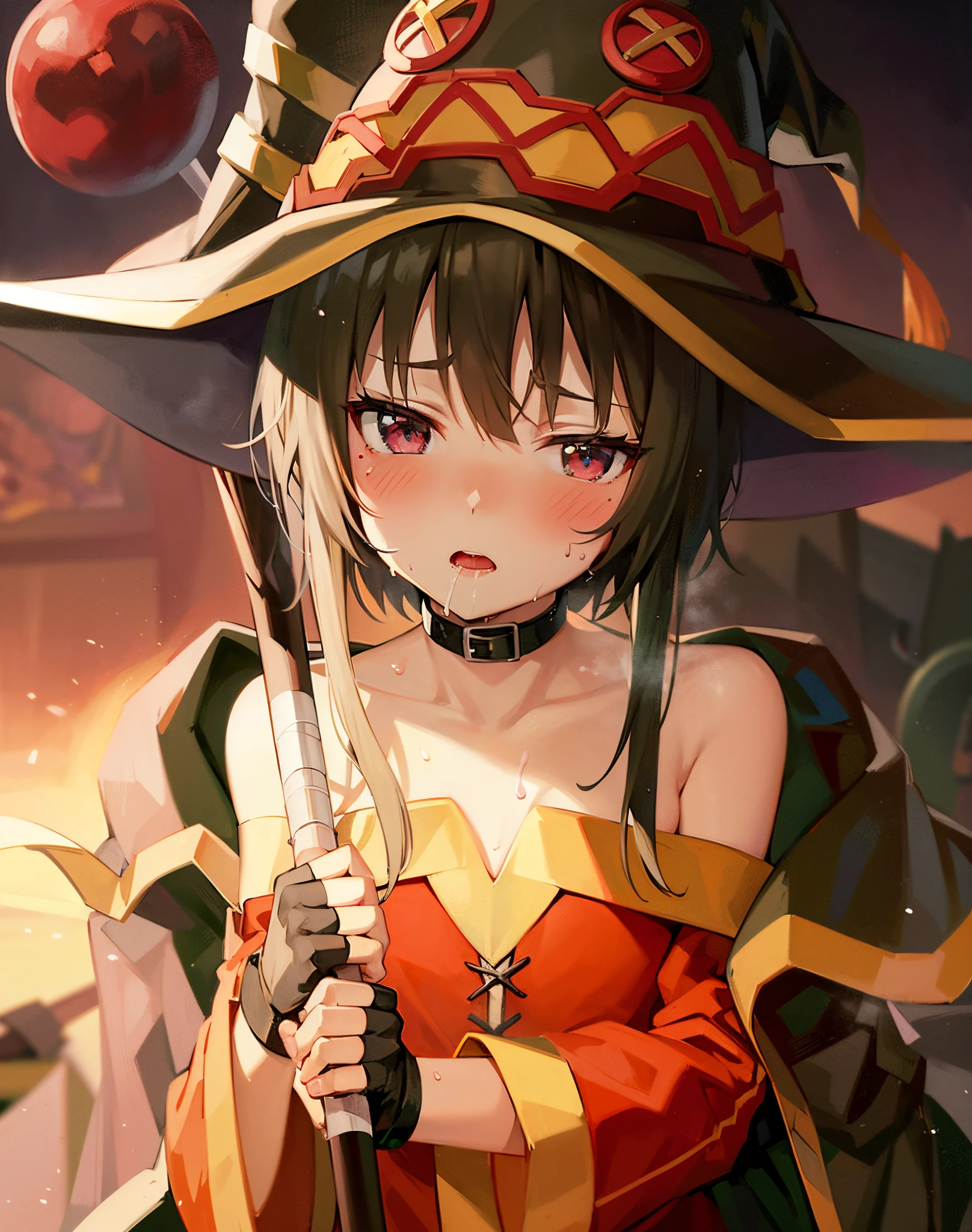 Megumin masterpiece, face blush, open mouth, saliva, sweat, more sweat, off shoulder dress, mucus on body, mucus on face