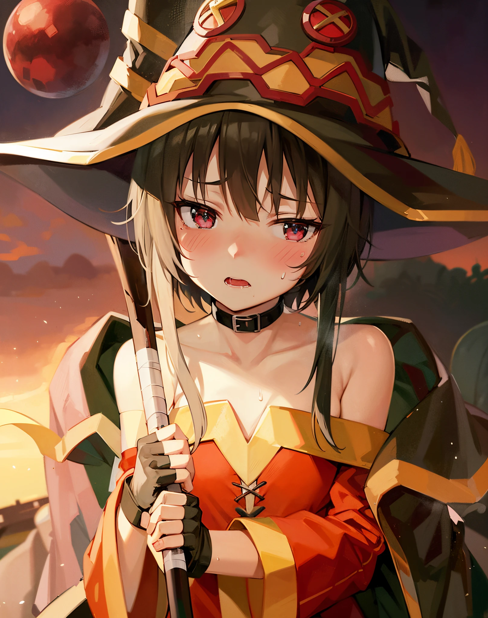 Megumin masterpiece, face blush, open mouth, saliva, sweat, more sweat, off shoulder dress, mucus on body, mucus on face