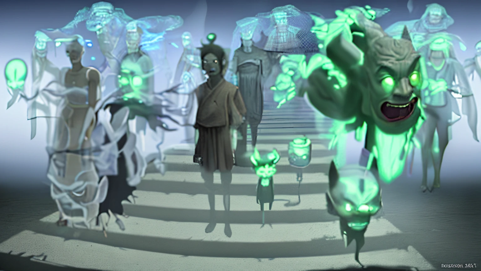 there are many individuals,starving spirit,Ghosts,Supernatural,ogre,semi transparent,without humans