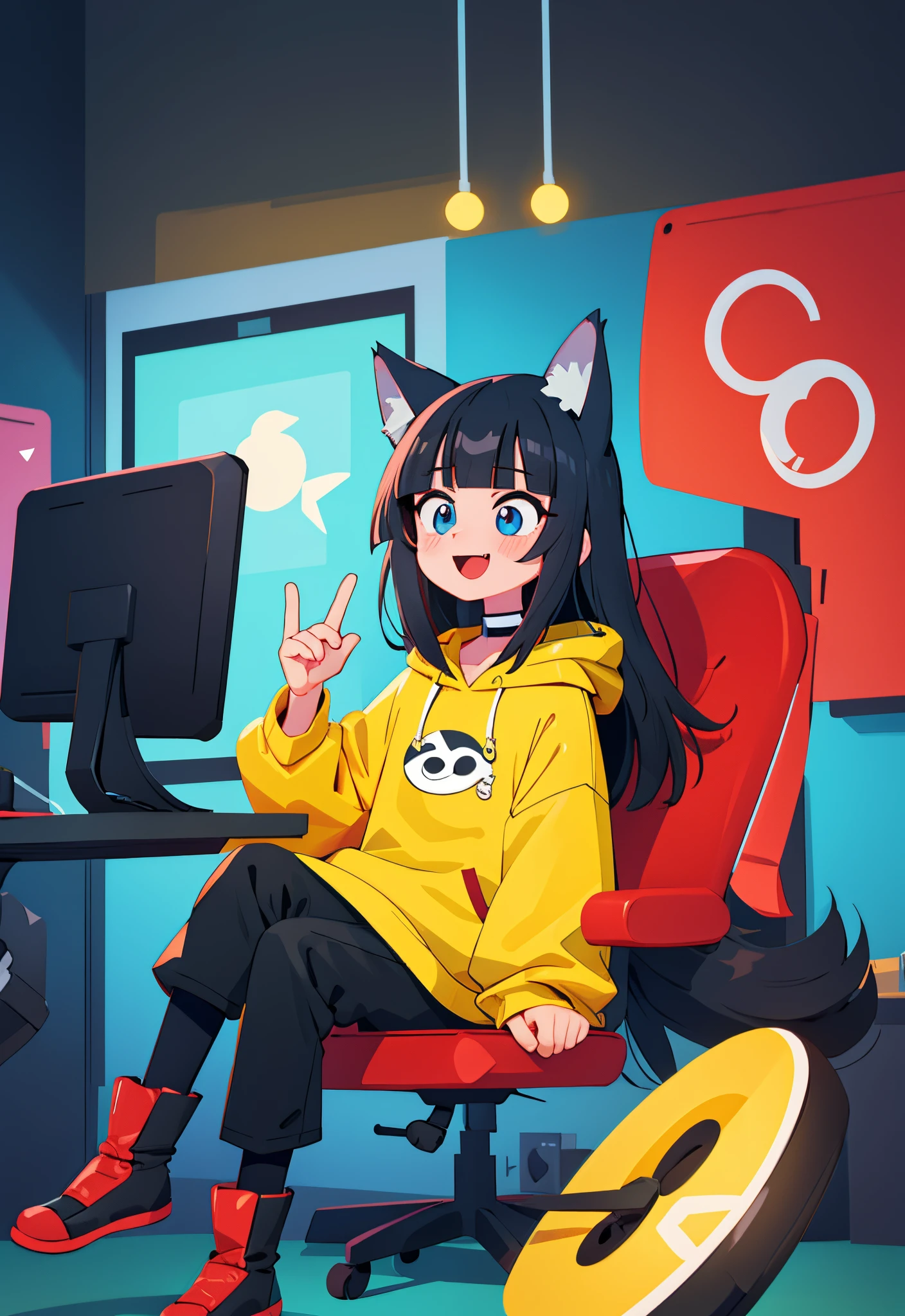 best quality, masterpiece, highly detailed, kawaii,
BREAK (short boy:1.3), 1boy, solo, (long hair, straight hair, black hair, blunt bangs, azure eyes:1.3), (wolf ears), choker, fangs, blush, (realistic:0.8), (sitting in chair, holding a gaming control.)
(oversized clothes, puffy sleeves, red and yellow hoodie, black boots, black pants), happy, :D,
BREAK cute aesthetic illustration, stylized digital art, colorful paint style,