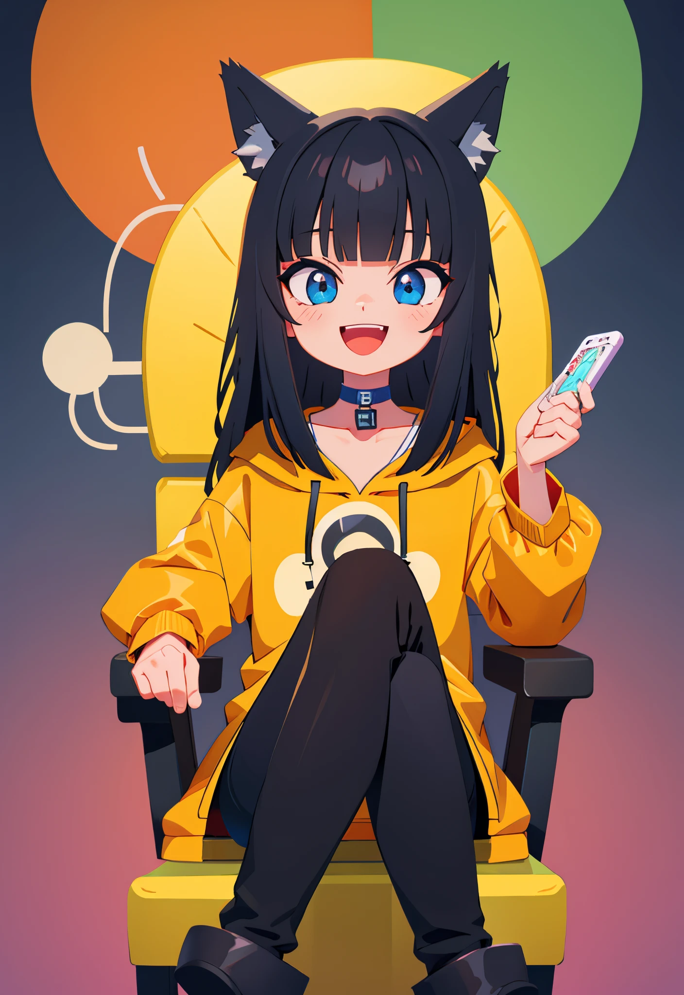 best quality, masterpiece, highly detailed, kawaii,
BREAK (short boy:1.3), 1boy, solo, (long hair, straight hair, black hair, blunt bangs, azure eyes:1.3), (wolf ears), choker, fangs, blush, (realistic:0.8), (sitting in chair, holding a gaming control.)
(oversized clothes, puffy sleeves, red and yellow hoodie, black boots, black pants), happy, :D,
BREAK cute aesthetic illustration, stylized digital art, colorful paint style,