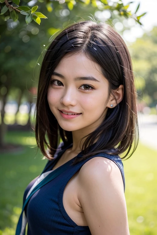 Floresta, chuva, studiolight, profundidade de campo, parte superior do corpo, delgado, cara bonito, grande sorriso, belos olhos de detalhe, without false eyelashes, short eyelashes, 56 years Japan, fofo, cachos volumosos marrons quentes, Terno de Marinheiro, , puro,