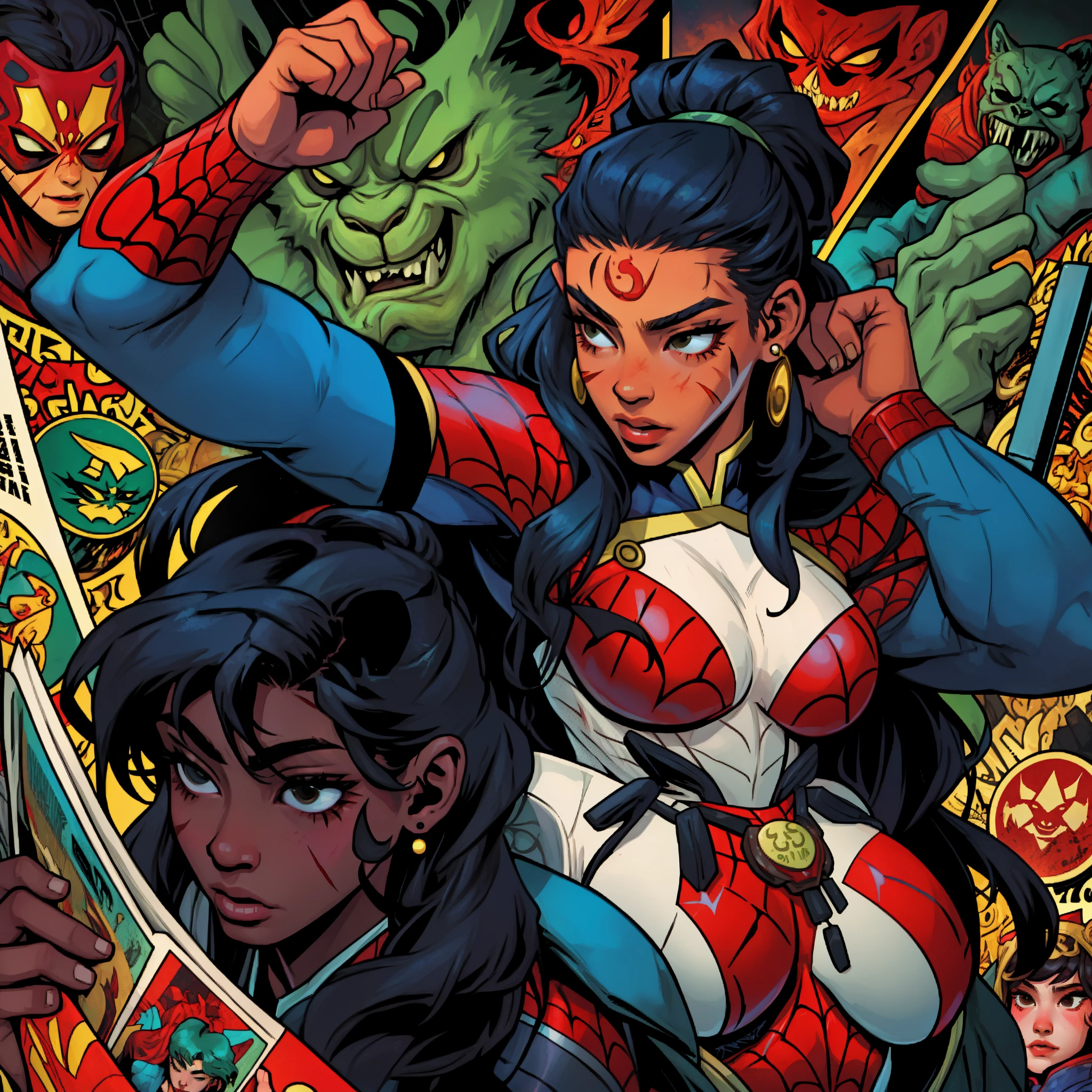 A girl with Chinese hair, dark skin and a scar on her right cheek, Spider woman comic book style, marvel