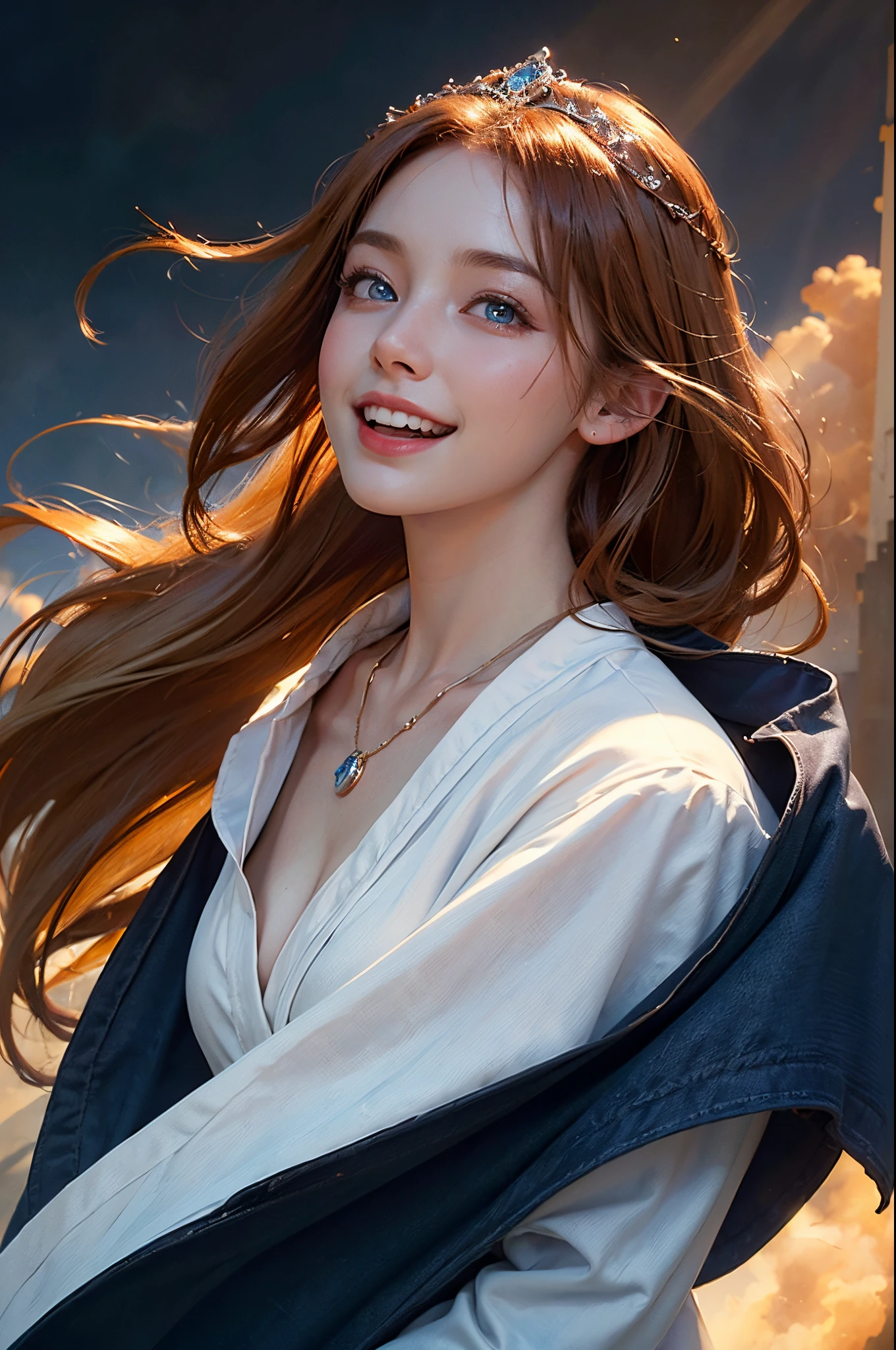 Young goddess, (Her clothes are all flipping up by extremely strong wind:1.4), (wearing robe, tiara, necklace, (blonde | auburn) hair, blue eyes), (background random great nature), (laughing, big smiling), ((dramatic lighting:1.4), surrealism, god rays), ((masterpiece, 8K highest resolution)), wide view, { (seen from back:0.6), (reveal pelvis:0.6) }