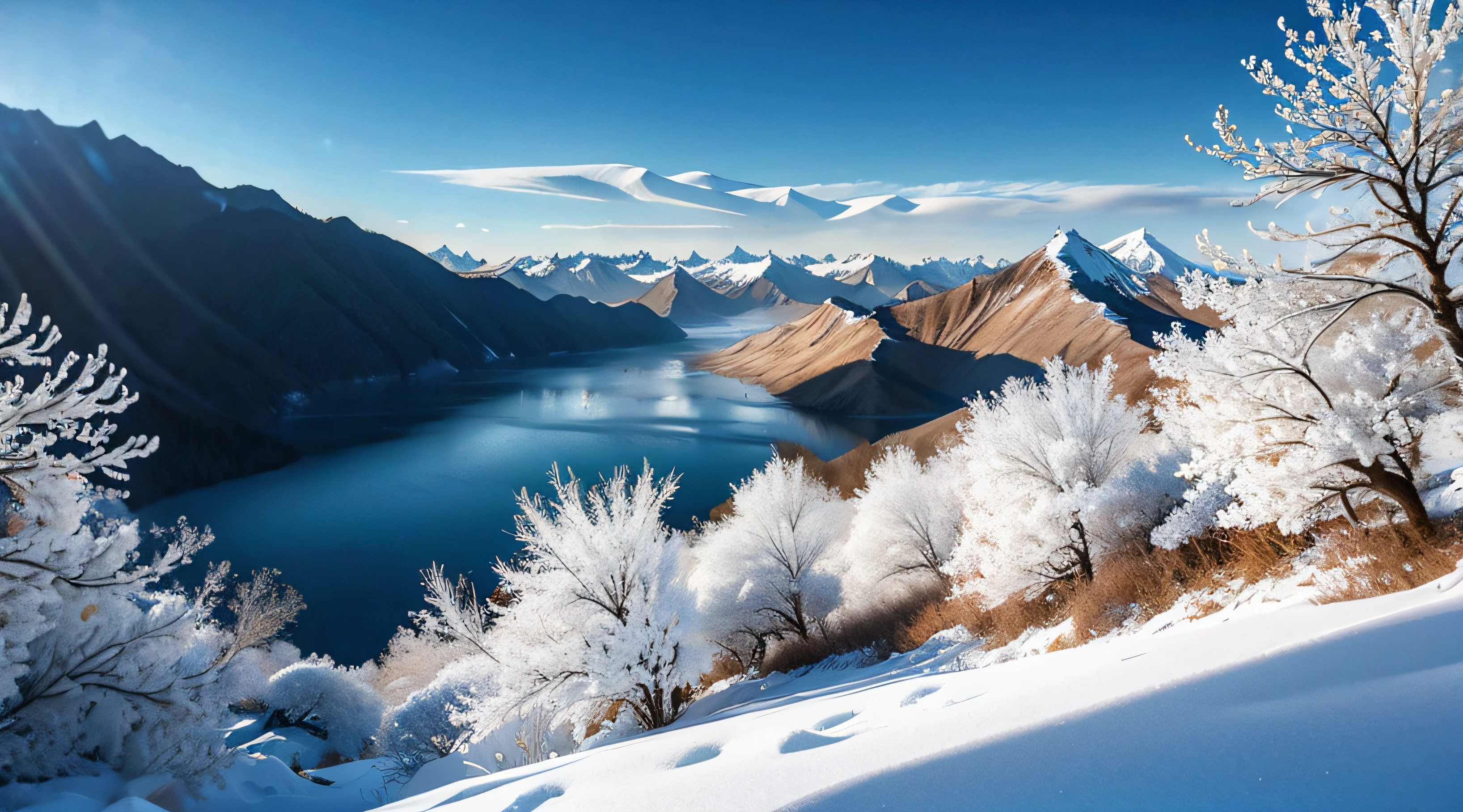 Snow mountain, snowfield, forest, sea and rime