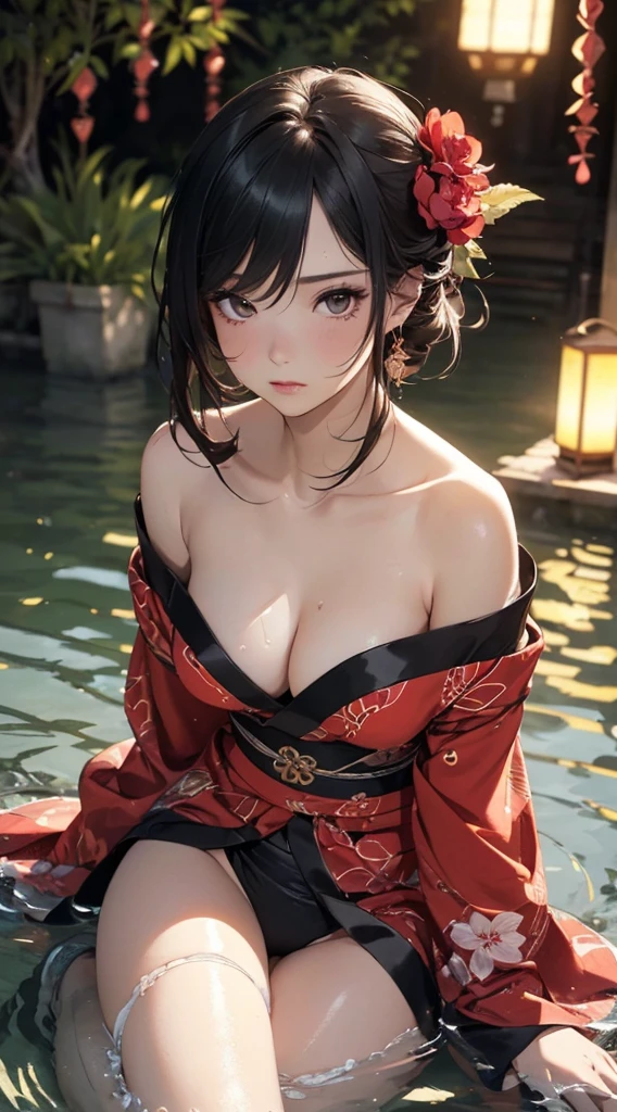 (((8k wallpaper of extremely detailed CG unit, masterpiece, 超A high resolution:1.2, top-quality:1.2, masutepiece))), ((extremely beautiful lady, lying in the water, sad Facial expression)), ((extra detailed face, Highly detailed black eyes, extra detailed body, Top quality real texture skins)), (A dark-haired, Light pink eyeshadow:1.2, de pele branca, wetted skin, Small:1.6, Sexy black and red kimono:1.2, off shoulders, Exposed cleavage, exposed shoulder, Exposed thighs), ((plein air, natta:1.8, lantern)), hyper realisitic, digitial painting,
