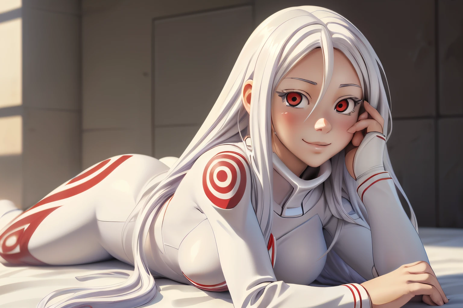 ((ultra quality)), ((tmasterpiece)), albino girl Shiro, Shiro from the anime Deadman Wonderland, ((White long hair)), Beautiful cute face, beautiful female lips, charming beauty, ((Cheerful expression on his face)), is looking at the camera, slightly closed eyes, ((Skin color: white)), Body glare, ((detailed beautiful female eyes)), ((red-eyes)), beautiful female hands, ((perfect female figure)), ideal female body shapes, Beautiful waist, nice feet, big thighs, Beautiful butt, ((Subtle and beautiful)), sexy lying on stomach ((seen from behind)) ((wearing Shiro&#39;s costume, white Shiro suit)), background: prison with white walls, ((Depth of field)), ((high quality clear image)), ((crisp details)), ((higly detailed)), Realistic, Professional Photo Session, ((Clear Focus)), ((cartoon)), the anime, NSFW