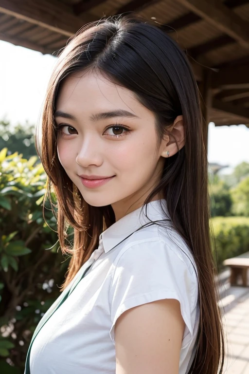 highest quality, figure, super detailed, finely, High resolution, 8k wallpaper, 完璧なダイナミックな構figure, beautiful skin, (big eyes), 20 year old beautiful girl, natural color lip, (sexy pose), mid chest, smile, Highly detailed face and skin texture, Detailed eyes, Double eyelid,leaking teeth and laughing, close-up, from side, long black hair, (beige cutter shirt:1.2), beautiful forest
