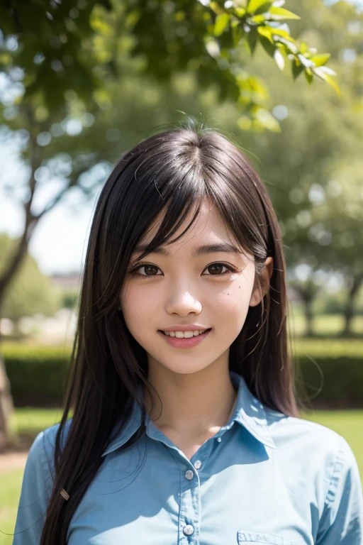 Floresta, chuva, studiolight, profundidade de campo, parte superior do corpo, delgado, cara bonito, grande sorriso, belos olhos de detalhe, without false eyelashes, short eyelashes, 75 years Japan, fofo, cachos volumosos marrons quentes, Terno de Marinheiro, senior high school student, puro,