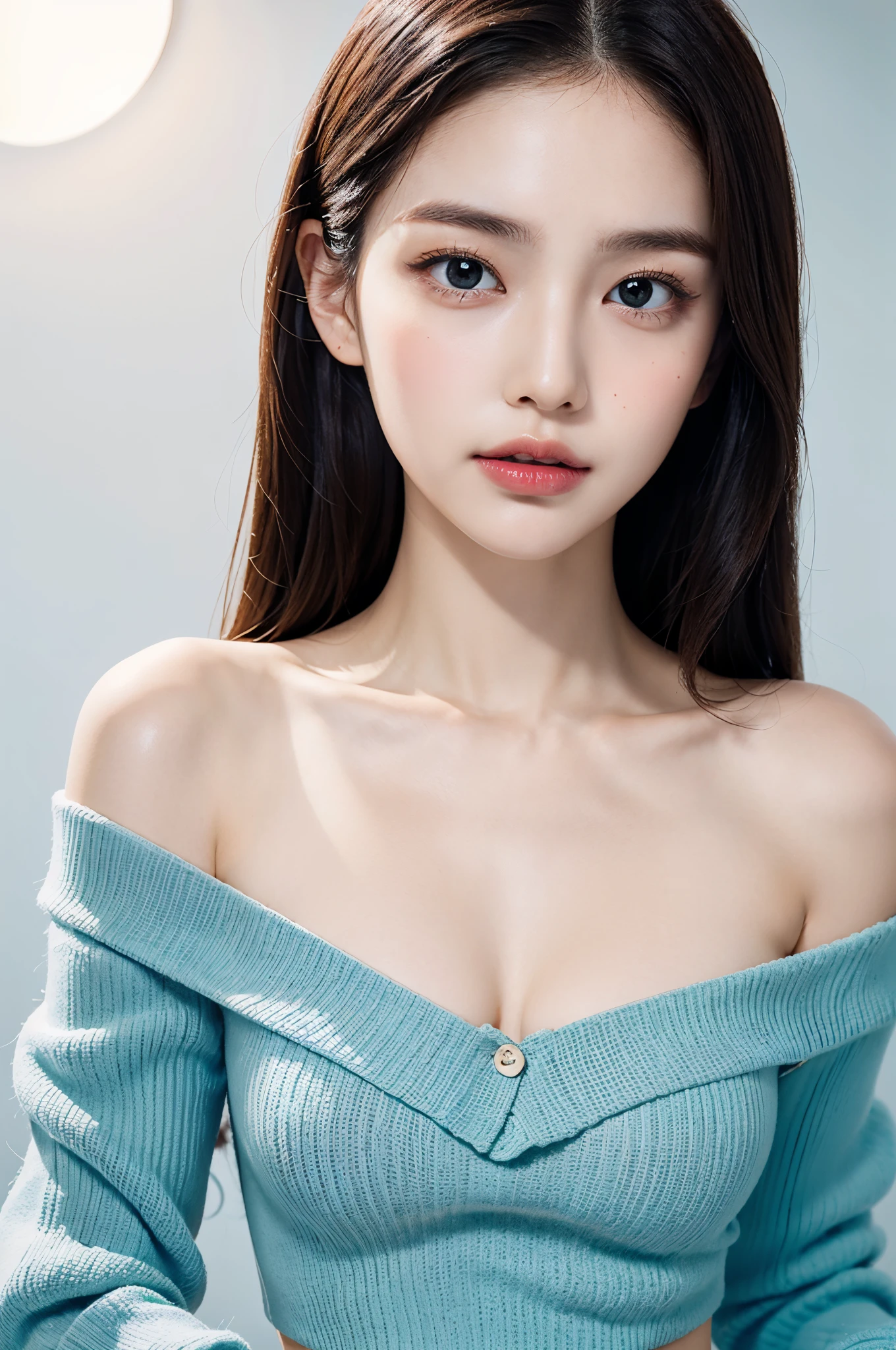 Fashion trendy beautiful and charming woman, gentle and charming Chinese beautiful woman, delicate and sexy collarbone, charming oval face, double eyelids, smart peach blossom eyes, pink lips, small nose, bare shoulders, focus on the face, close-up of the face, Ultra-high-definition, super-detailed, the white off-the-shoulder shirt perfectly echoes the light blue slit skirt, fresh and impressive