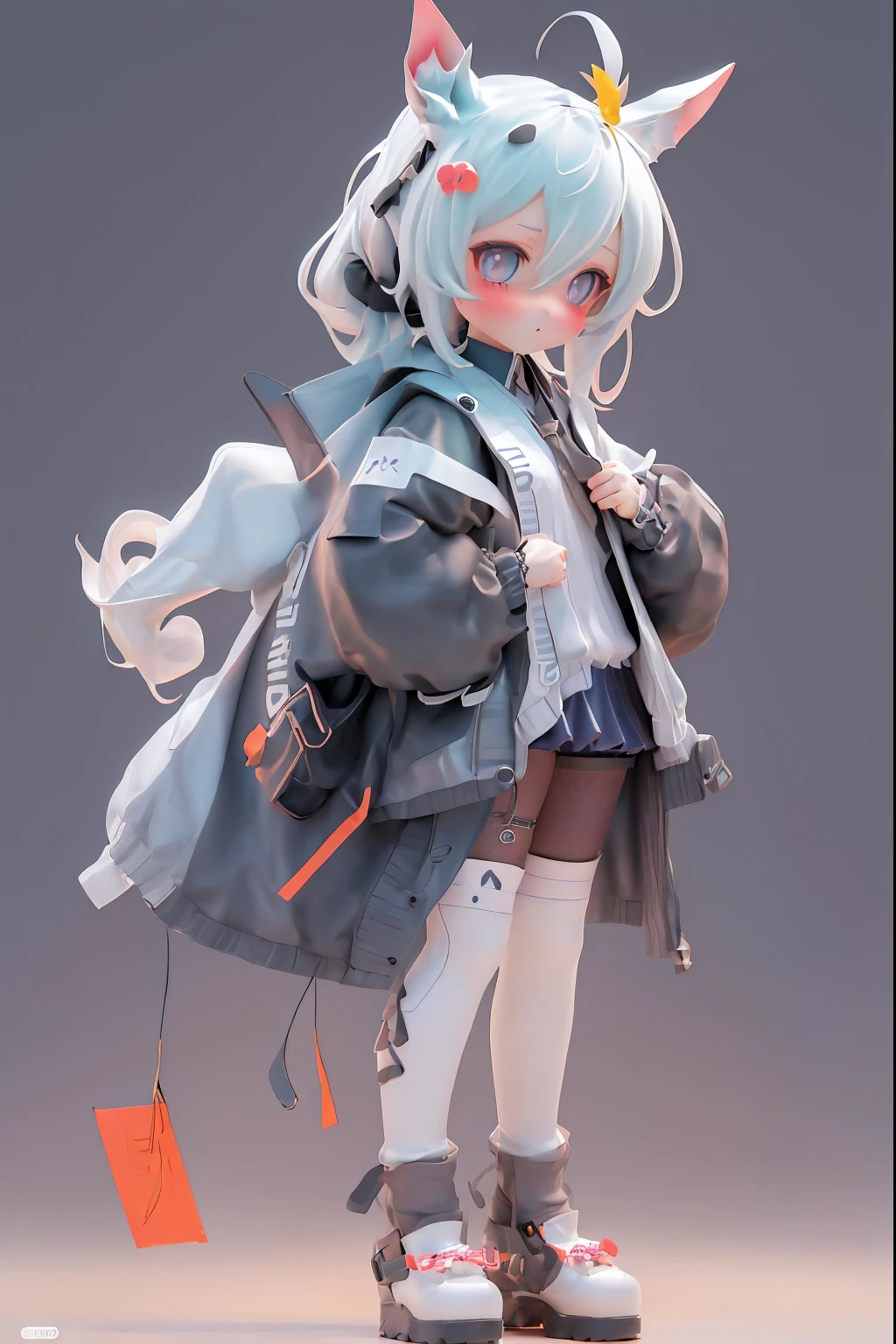 (Full body standing painting,The stands up), 独奏, tmasterpiece, Best quality, 8K, Clear and clean background,microclose-up,01wawa, Alone, (Full body lesbian:1.5), (Chibi:1.2), Animal ear, rabbitears, pony tails, Black jacket, jaqueta com capuz, blue ascot, mini-skirts, Black socks, lacepantyhose, (default outfit),(white backgrounid), simple backgound,巨作, Best quality at best, illustratio, , Beautiful and detailed light, 美丽细致的眼睛, diaphragm, big forehead