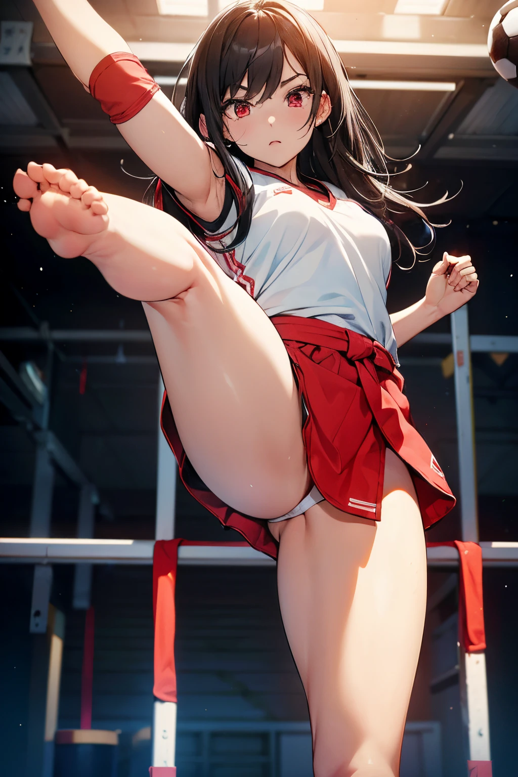 A girl kicking a soccer ball with her right leg extended. Her right foot is raised above her head, with toes curved backward. She has black straight hair, red eyes, and is wearing a white Taekwondo uniform in a dojo. The prompt should include "(best quality, 8K, high-res, ultra-detailed, masterpiece:1.2), angry expression, left leg standing, barefoot, with detailed soles of her feet visible in the image, focused on the right foot, full-body shot."