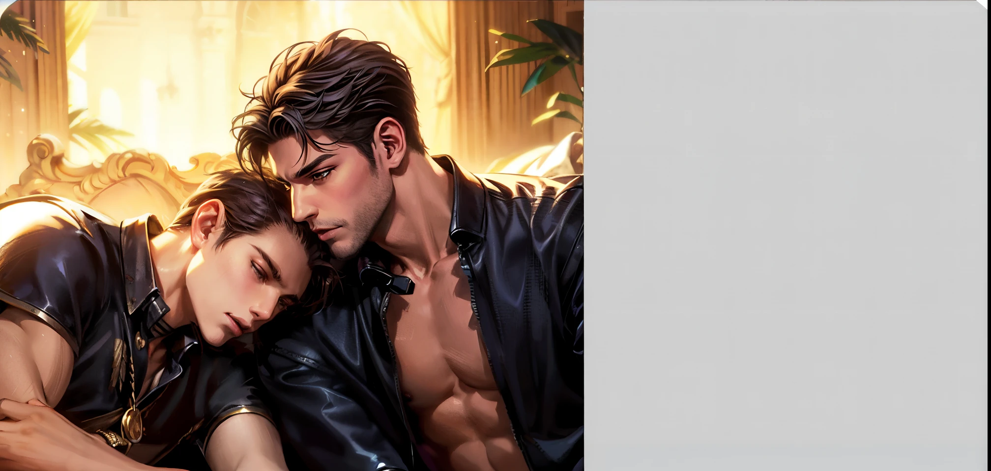 They are two men in leather lying on a bed, artjem and genzoman, charlie bowater and artgeem, neoartcore and charlie bowwater, Edmund Blair and Charlie Bowwater, Charlie Bowwater and Mark Brooks, inspired by Magali Villeneuve, romance novel cover, Styles Ivan Talavera and Artgerm