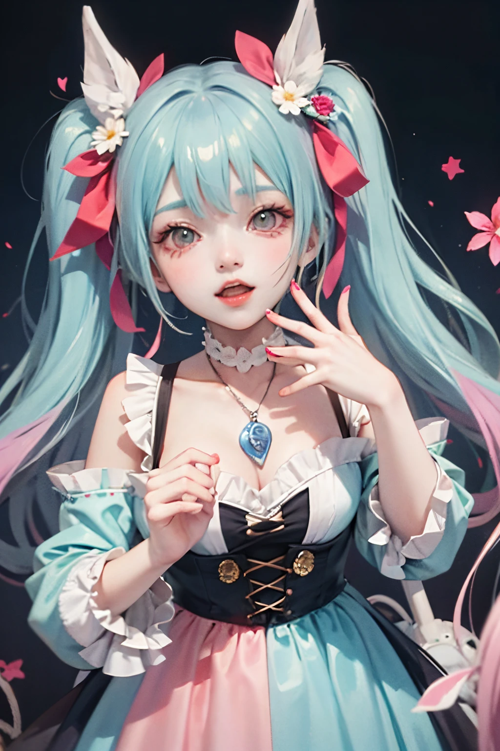 anime girl with long hair and colorful dress holding a bag, official artwork, pixiv, vocaloid, pink twintail hair and cyan eyes, pixiv style, mikudayo, digital art on pixiv, nightcore, cute art style, pixiv trending, colorful]”, anime illustration, splash art anime ****, cutecore clowncore