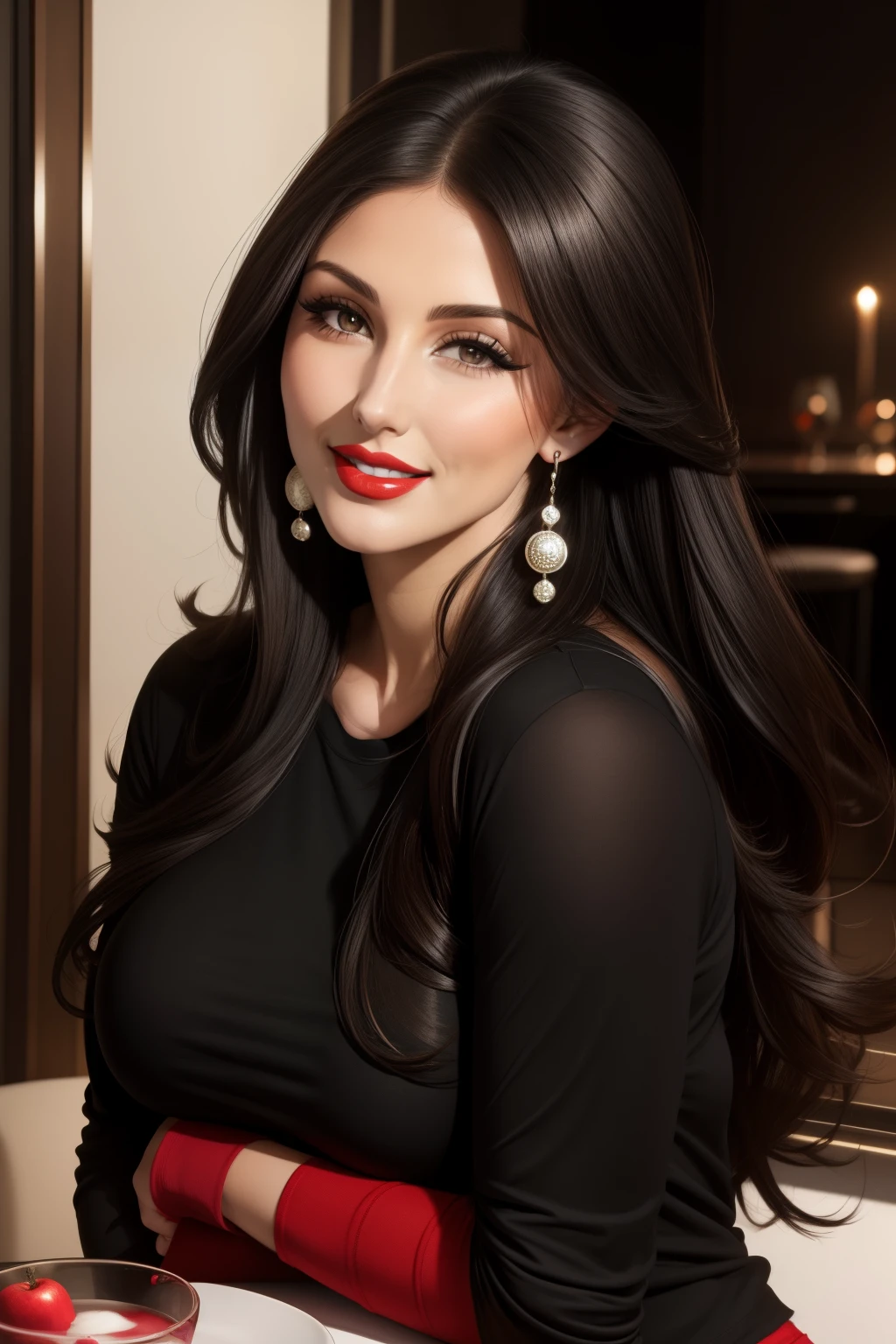 Lucy Pinder, facial portrait, Red Lipstick, Smiling, Black hair, Straight long hair, long Sleeve T-Shirt, tshirts, Pearl earrings, large full breasts