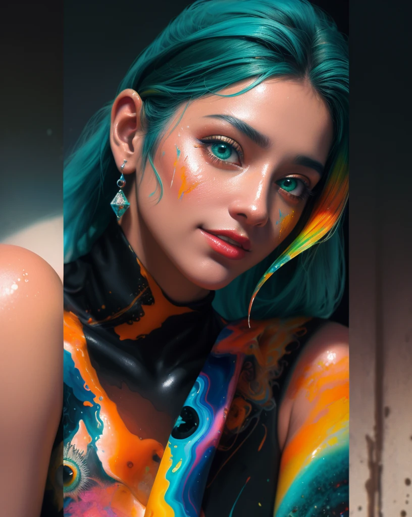 um close up de uma escultura de uma mulher com tinta roxa e laranja, gotejamento com cor, face submerged in colored oils, 3d arte digital 4k, colorful melting human head, cores vibrantes hiper realismo, lindo arte digital, Arte colorida, Beeple e Jeremias Ketner, pintura digital vibrante, pintura detalhada 4K, Arte bonita UHD 4K