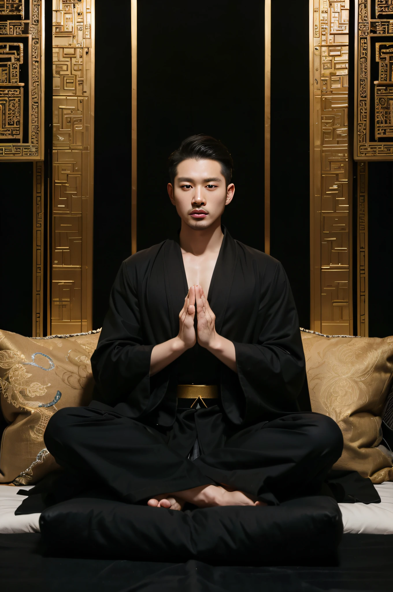 One of them was wearing a black robe,blonde belt,33-year-old Chinese man crosses his hands,He is sitting on the black cushion,in meditation pose, praying pose, wearing a long flowing robe, zen meditation, Wearing gilded black robe, in meditation pose, Handsome looking,Blank background,sitting upright。