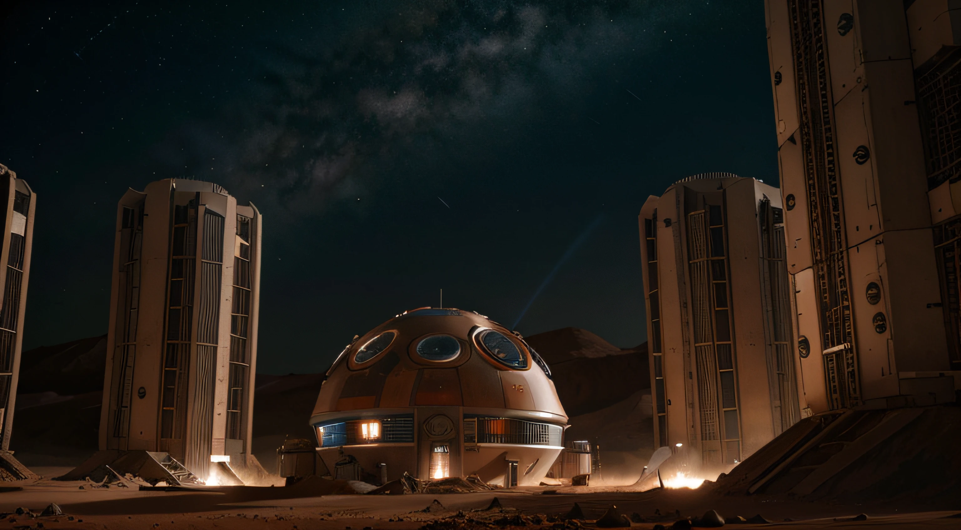 On Mars, many high-tech base groups are under construction. Scientific research bases are widely distributed. Robots, Mars daytime starry sky, basic architectural details, ultra-wide-angle lens, high realism, light and dark contrast,