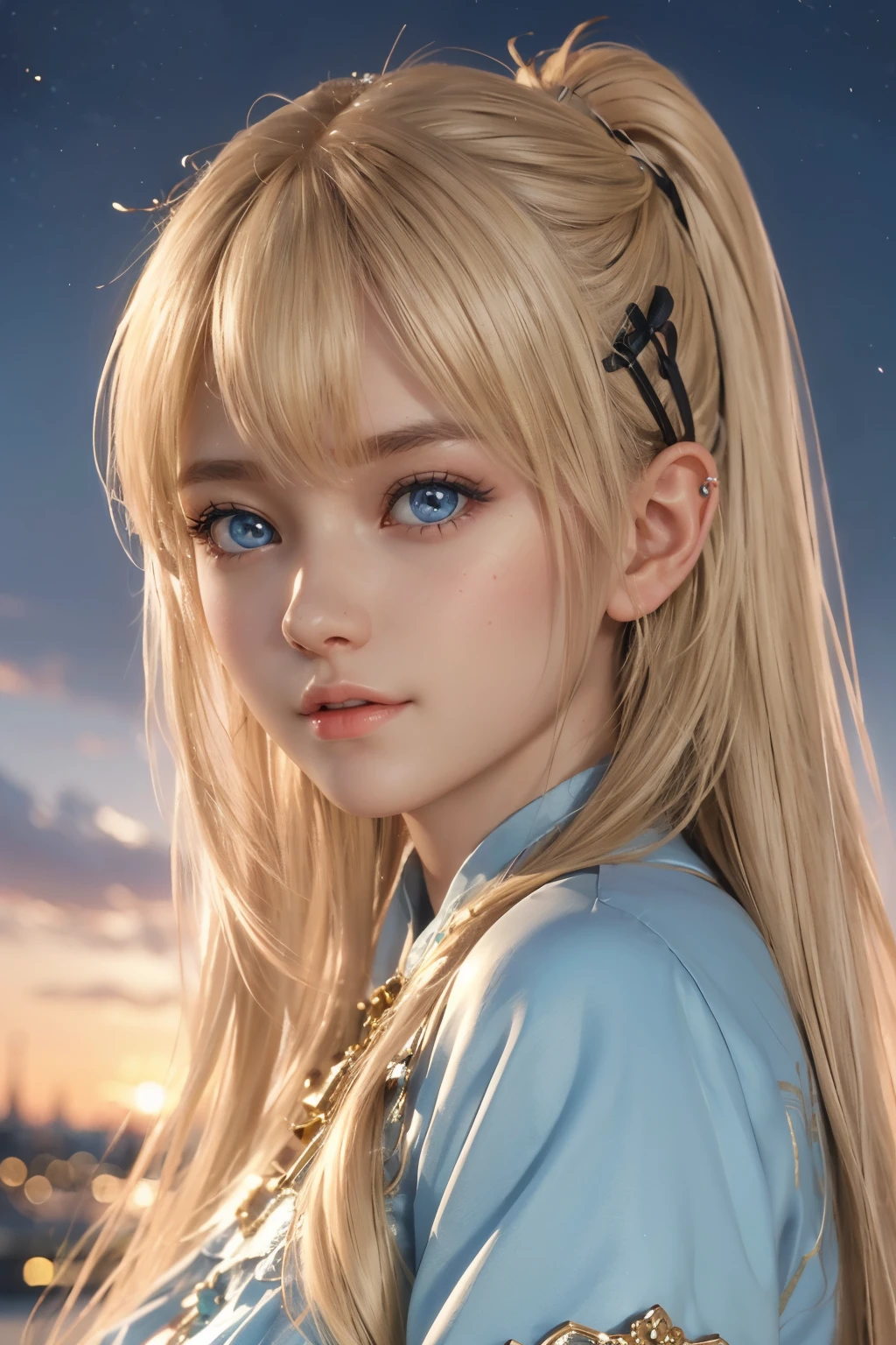 Light smile、natta、Raw photography、(((Portrait of extreme beauty)))、((glistning skin))、女の子1人、 beautiful girl in Prague、bright expression、((Natura blonde hair))、[Big blue eyes that shine like jewels]、Glossy glossy skin、Silky long straight hair、eye liner、Beautiful bangs、Hair between the eyes、((​masterpiece、top-quality、ultra-detailliert、Film Light、intricate-detail、hight resolution、ighly detailed))、细致背景、8KUHD、Digital SLR、Soft light、hightquality、Film grain、FujifilmXT3 、Shallow depth of field、natural soft light、（No hands）、Kamimei、Lush bust