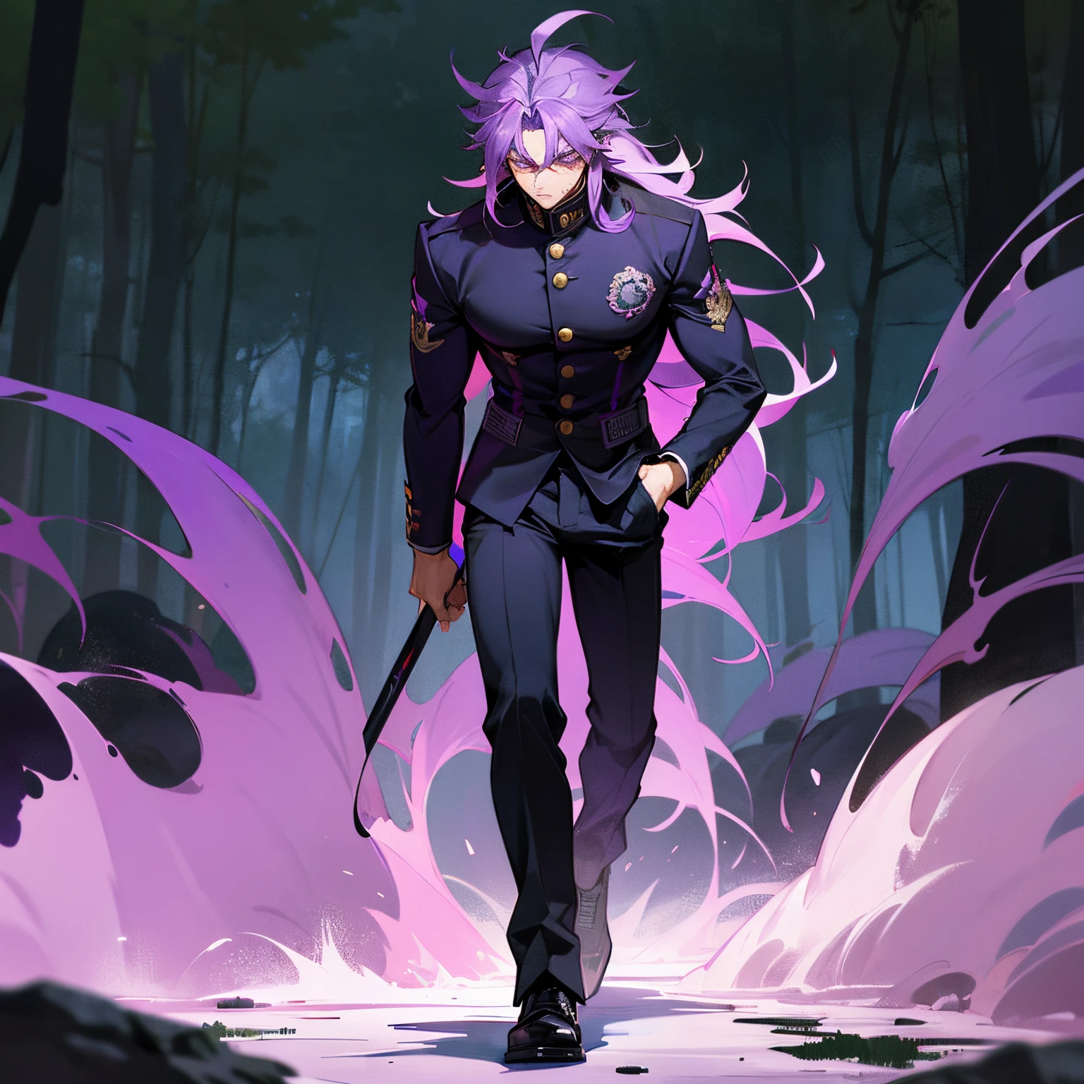 1 Boy, Long Purple Colored Messy Hair, Purple Eyes, Muscular, Gakuran Uniform, Stoic Pose, Forest Background, Walking on path