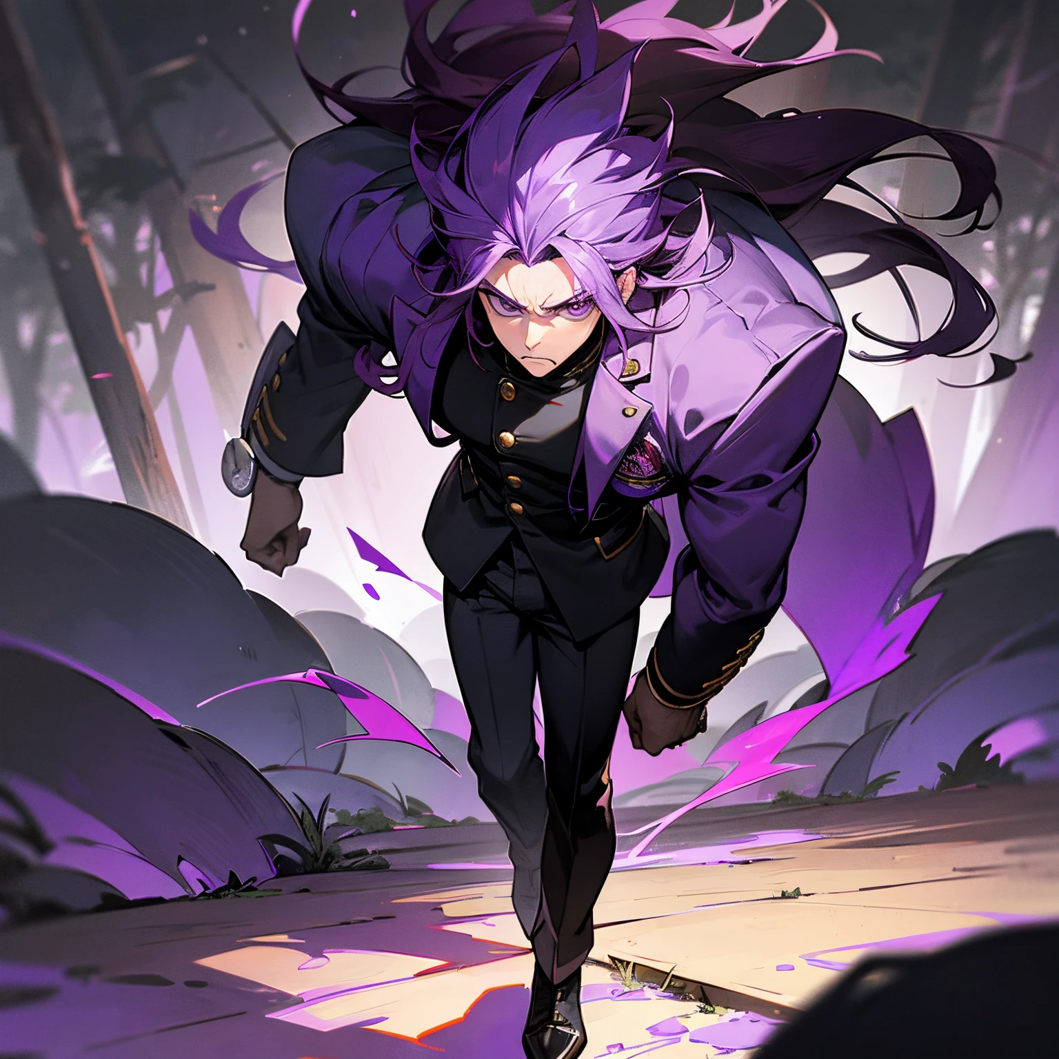 1 Boy, Long Purple Colored Messy Hair,  Purple Eyes, Muscular, Gakuran Uniform, Stoic Pose, Forest Background, Walking on path