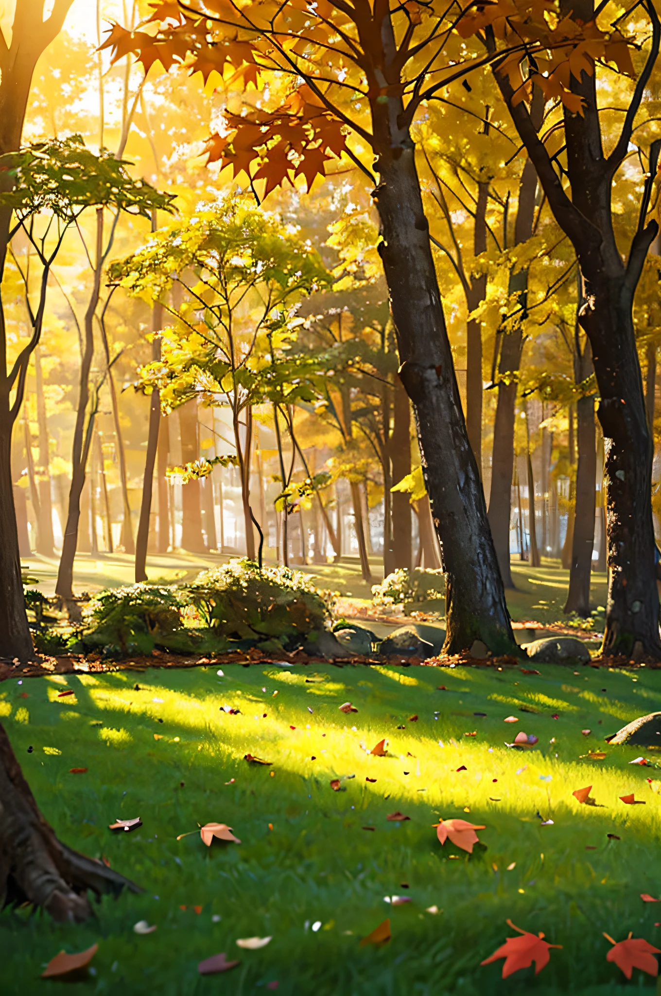 A forest scene，Maple Grove，There are many fallen leaves on the grass，The light is bright and soft，Early morning sun，Facing the camera squarely