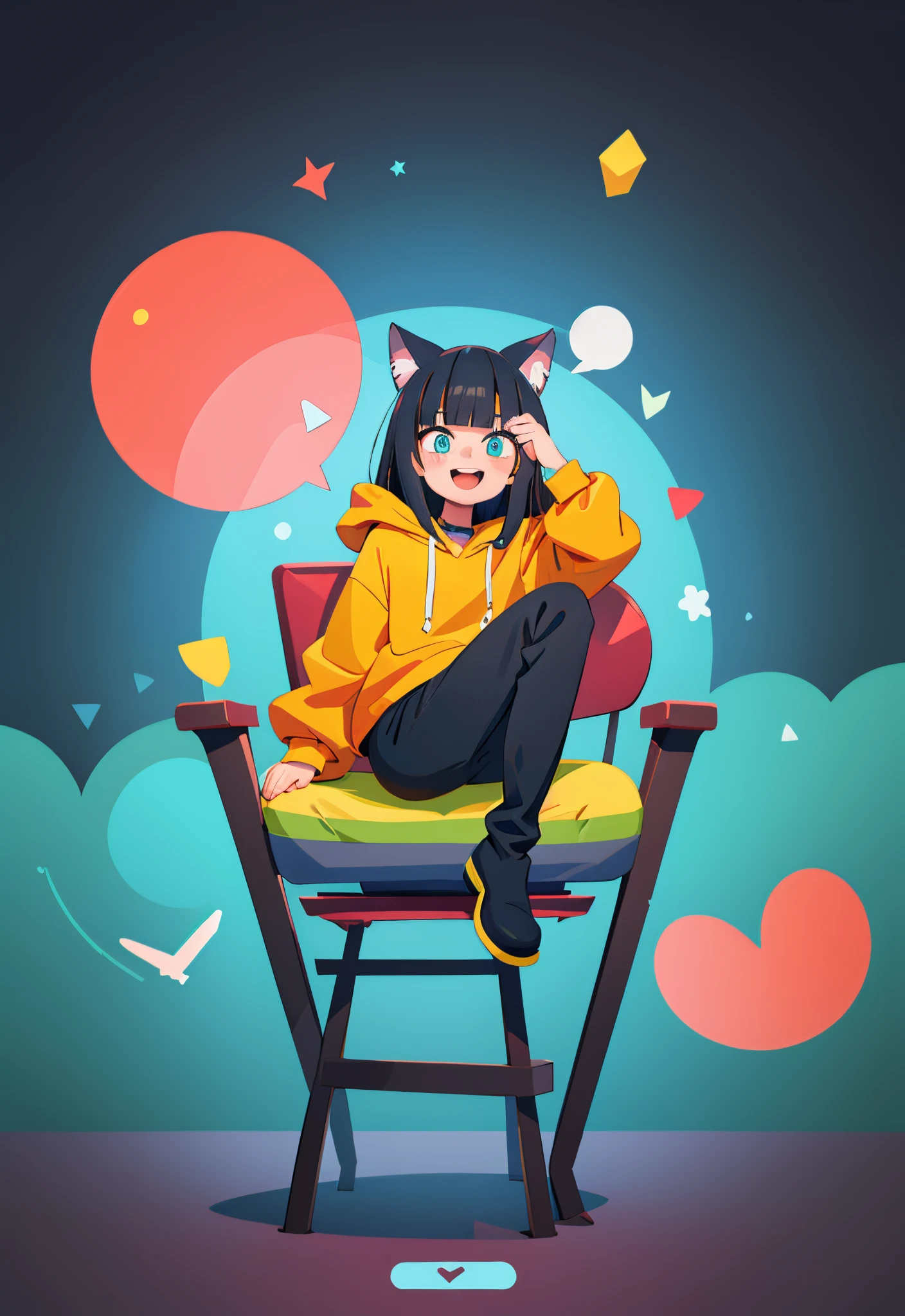 best quality, masterpiece, highly detailed, kawaii,
BREAK (short boy:1.3), 1boy, solo, (long hair, straight hair, black hair, blunt bangs, azure eyes:1.3), (wolf ears), choker, fangs, blush, (realistic:0.8), (sitting in chair, holding a gaming control.)
(oversized clothes, puffy sleeves, red and yellow hoodie, black boots, black pants), happy, :D,
BREAK cute aesthetic illustration, stylized digital art, colorful paint style,