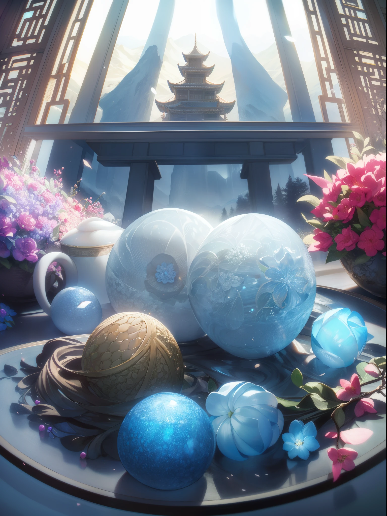 Best Quality, realisitic, Photorealsitic, ultra-detailliert, "Mountains of flowers and fruits+fairy tail+chinese architecture" highly detailed carving on "south ice" porcelain,ultra wide-angle,Accent Lighting,volume illumination,back lighting, (Detailed light),((extremely delicate and beautiful)),drama_Ombre,ray_tracing,nffsw