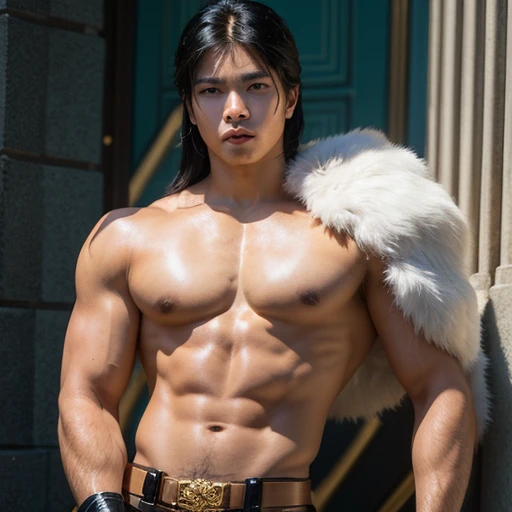 (masterpiece, best quality:1.2), majapahit warrior shoot, solo, male focus, topless, 1 boy, saint seiya \(sf\), serious, closed mouth, looking at viewer, black hair, fingerless gloves,
