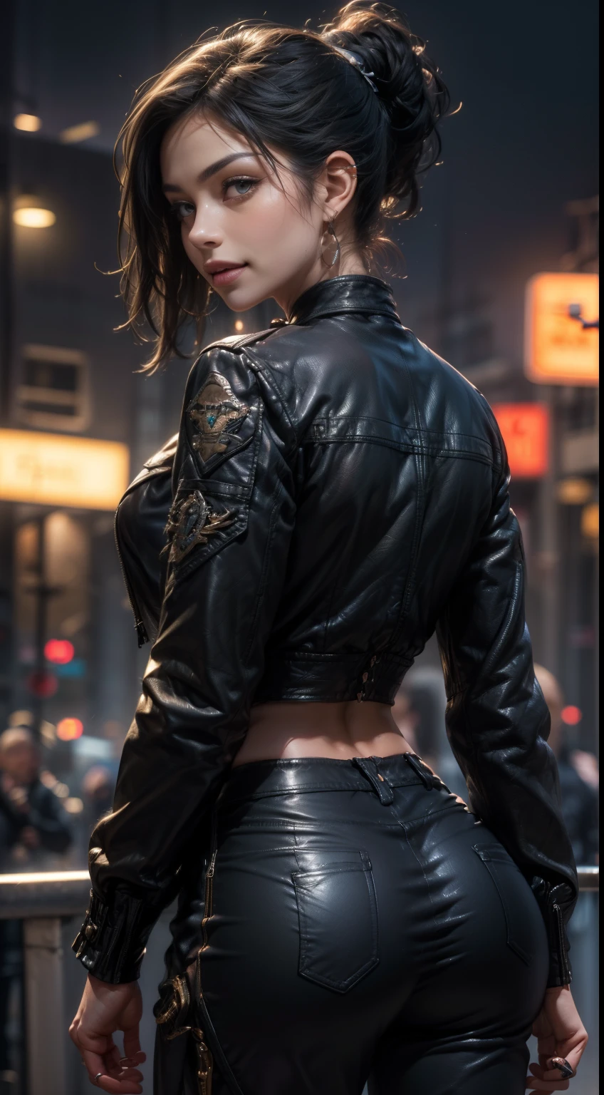 tmasterpiece, Best quality, profondeur de champ, cinematic light, Lens Flare, Ray Tracing, back view. 1Kristin Kreuk (extremely beautiful face, lovely lips, beaux yeux verts, ponytail). Dans le noir, ombre profonde, (very skinny slender fit-muscled body:1.3), ((Regarder le spectateur)),(Grand sourire:1.3), (Neon Sign), (blurred background),(without people in the background:1.3), Beautiful earrings, Bracelets, (Grands yeux), Face forward, ((blouson et pantalon moulant en cuir noire:1.3)), (Regarder le spectateur:1.3) sein ouvert, very slim, seins moyens, faire demi-tour, (Rear shot), Accent sur le cul, thick thighs