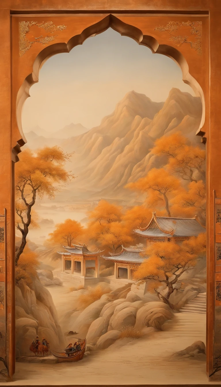 Xinjiang architecture，Idyllic Chinese murals, Light orange and light gray style, Layered landscape, japanese style art, monumental murals, Ricoh FF-9D, Golden Age aesthetics, exotic