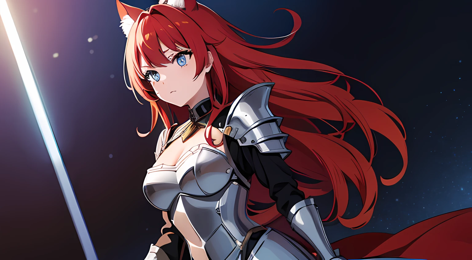 1 cat eared girl, knight outfit, (red hair, long hair, beautiful eyes finely detailed), knight armored, normal breast, (full body:0.8), high-resolution