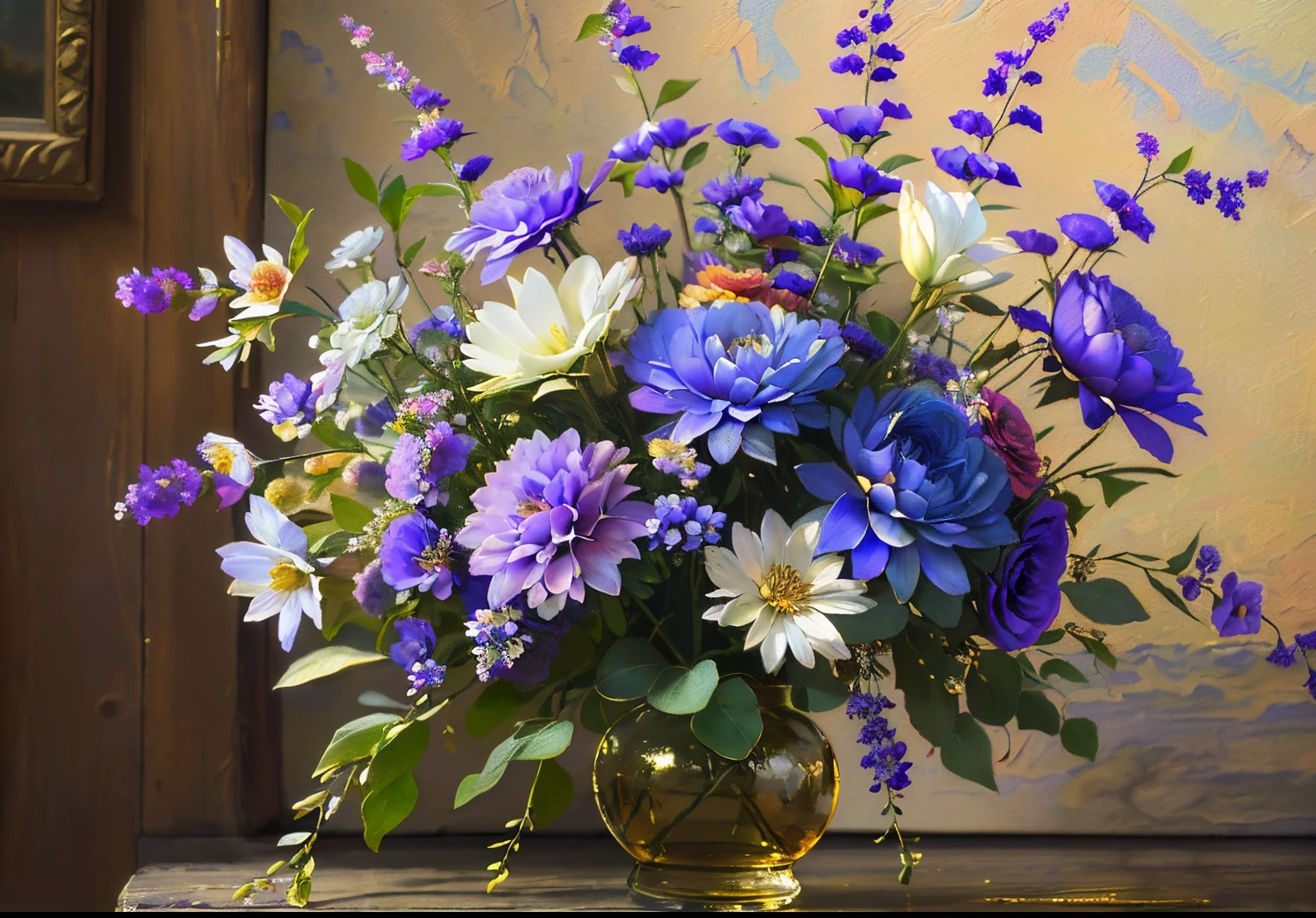 (Best quality at best,4K,8K,A high resolution,tmasterpiece:1.2),ultra - detailed,An oil painting of flowers,In the style of medieval oil painting,Vintage oil painting, purple flower,Beautiful flowers in vintage vase, oil painted, vibrant with colors, gentlesoftlighting
