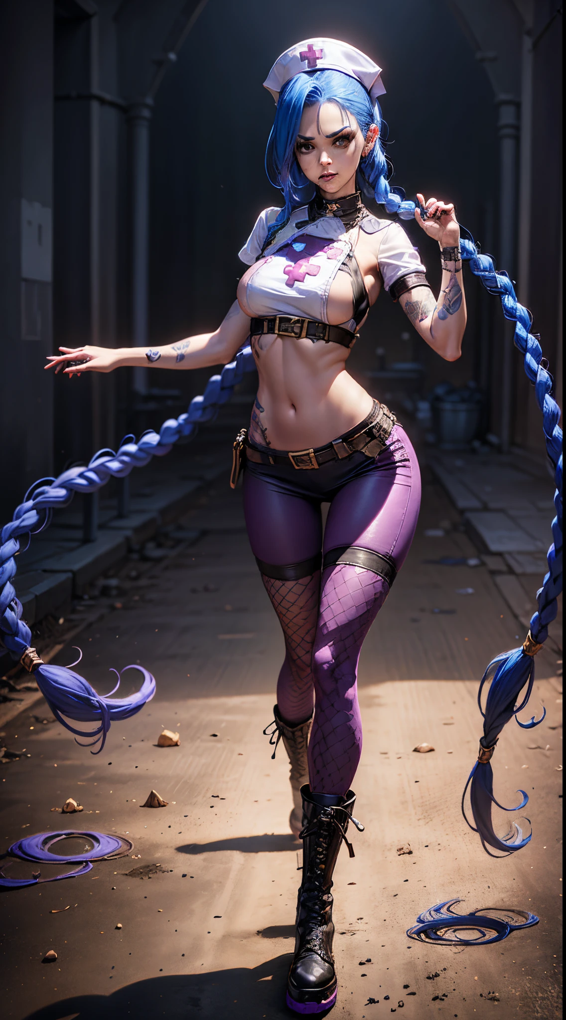 Jinx nurse，nurse hat，(White nurse costume)，red rose tattoo，Blue twist braid，Runaway Lori，League of Legends ，full bodyesbian，(kneehigh boots)),purpleish color，(fishnet leggings),(standing on your feet)，The background is dark and tough，There is a sense of danger and intensity。