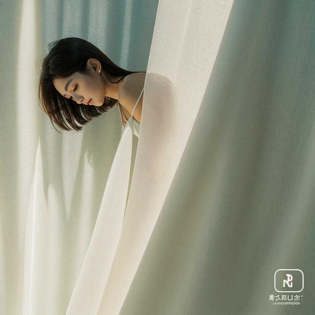 White curtains、Pay attention to the swaying eucalyptus、Soft light、Rim Lights、beautiful shadow、lowkey、(Photorealsitic、Raw foto:1.2)、(Natural texture、realistic detailed)、Hyper-Realism、超A high resolution、4K、top-quality、white walls、Perfect Angle、Female back view，full body Esbian，show hind legs，no-makeup，japanes、