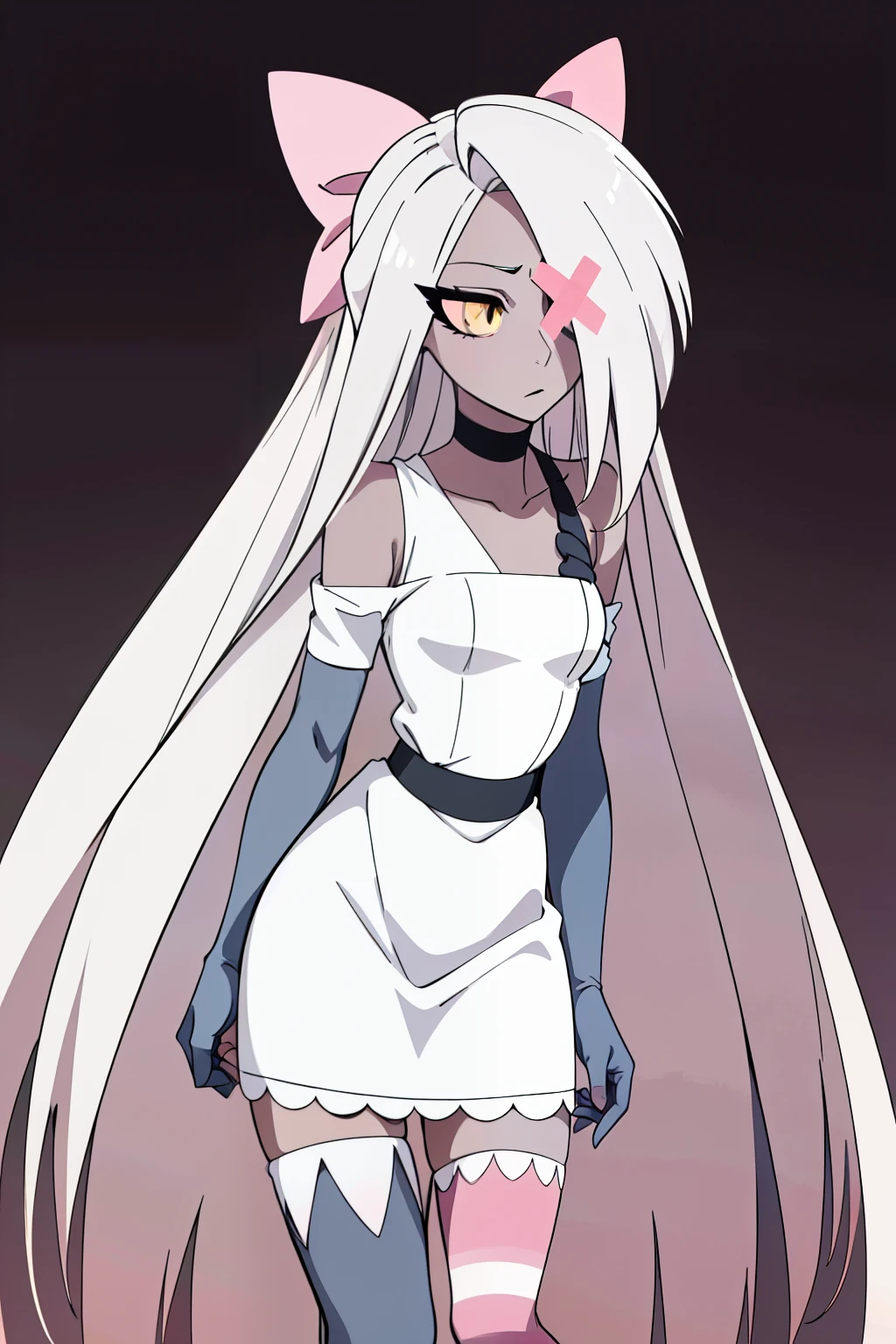 Vaggie, 1girl, gray skin, white hair, pink sclera, yellow pupils, long hair, white dress, striped stockings, hair bow, long gloves, perfect anatomy, solo