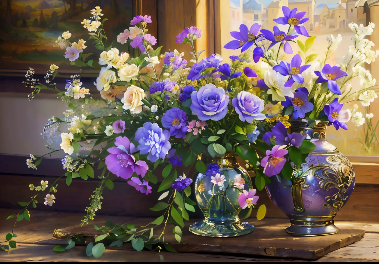 (Best quality at best,4K,8K,A high resolution,tmasterpiece:1.2),ultra - detailed,An oil painting of flowers，In the style of medieval oil painting，Vintage oil painting, purple flower，Beautiful flowers in vintage vase, oil painted, vibrant with colors, gentlesoftlighting