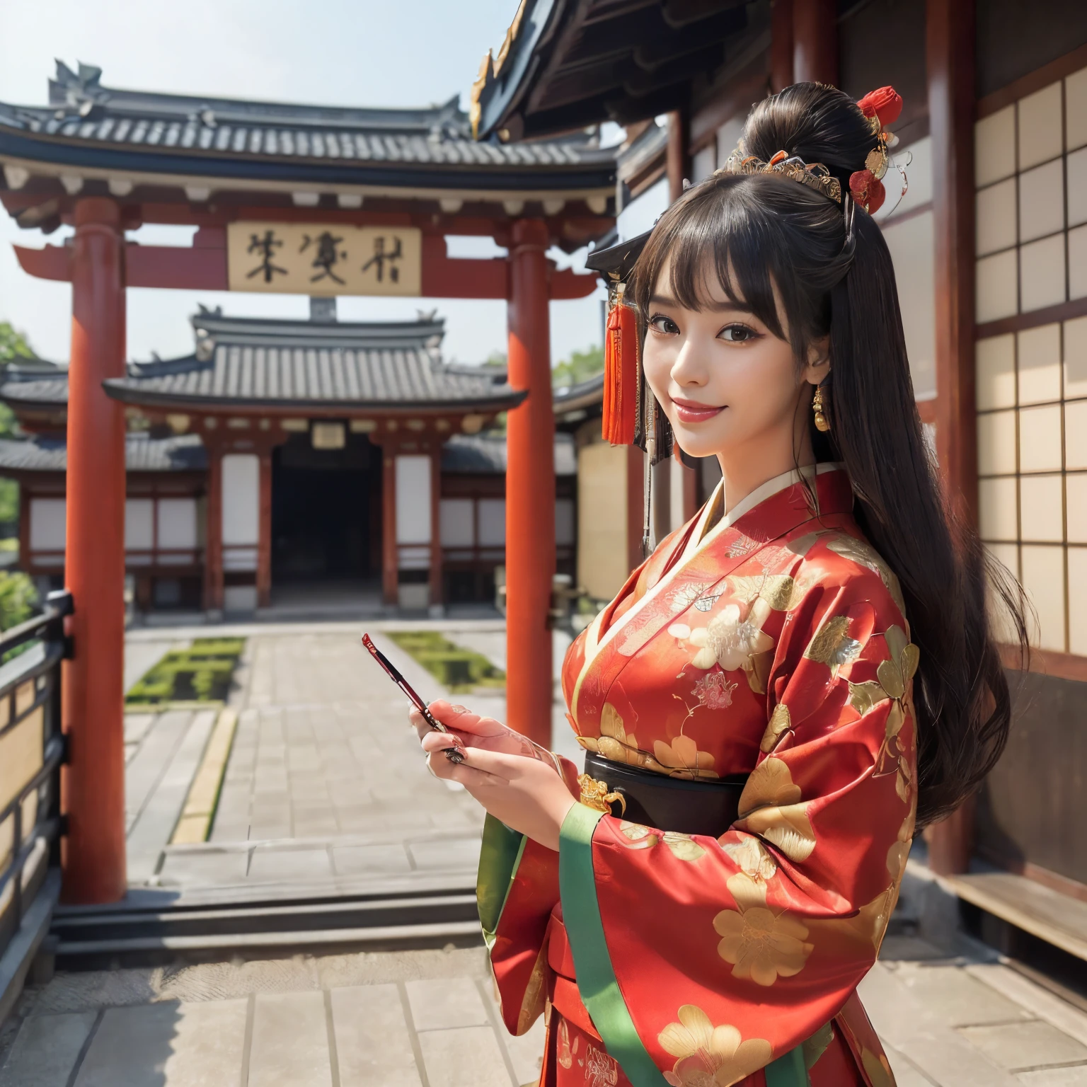 ((top-quality、masutepiece、8K、Top image quality、Very complex and detailed details、Shooting centered on one woman 、a person々a  photo of a、bright and vivid photos、a high chroma、1 photo))、((1 princess、empress、princess of the heian period、Princess cut hairstyle、Take photos from up close to her、Mainly female close-ups、Detailed her face、Photographing a single woman、stand in the capital、Take a photo of her from the knees up、gorgeous costumes、Oiran、Oiran kimono、Gorgeous Oiran costume))、(((Atmosphere of the Heian period、Beautiful Niwa-lacquered pillars、palace、Royal palace of the Heian period、Huge and majestic Niwa-lacquered gate、Beautiful and perfect Heiankyo、beautiful and luxurious tiled roof、many luxurious buildings、Lots of buildings、luxury capital、luxury city buildings、A complete reproduction of the Heian period capital、The perfect capital of Heiankyo、The precincts of Heiankyo、luxury city、Japan in the 800s、Townscape of the Heian period、Heian period、Perfect reproduction of Japan、Heian period)))、(Perfect gas chamber、A smile)