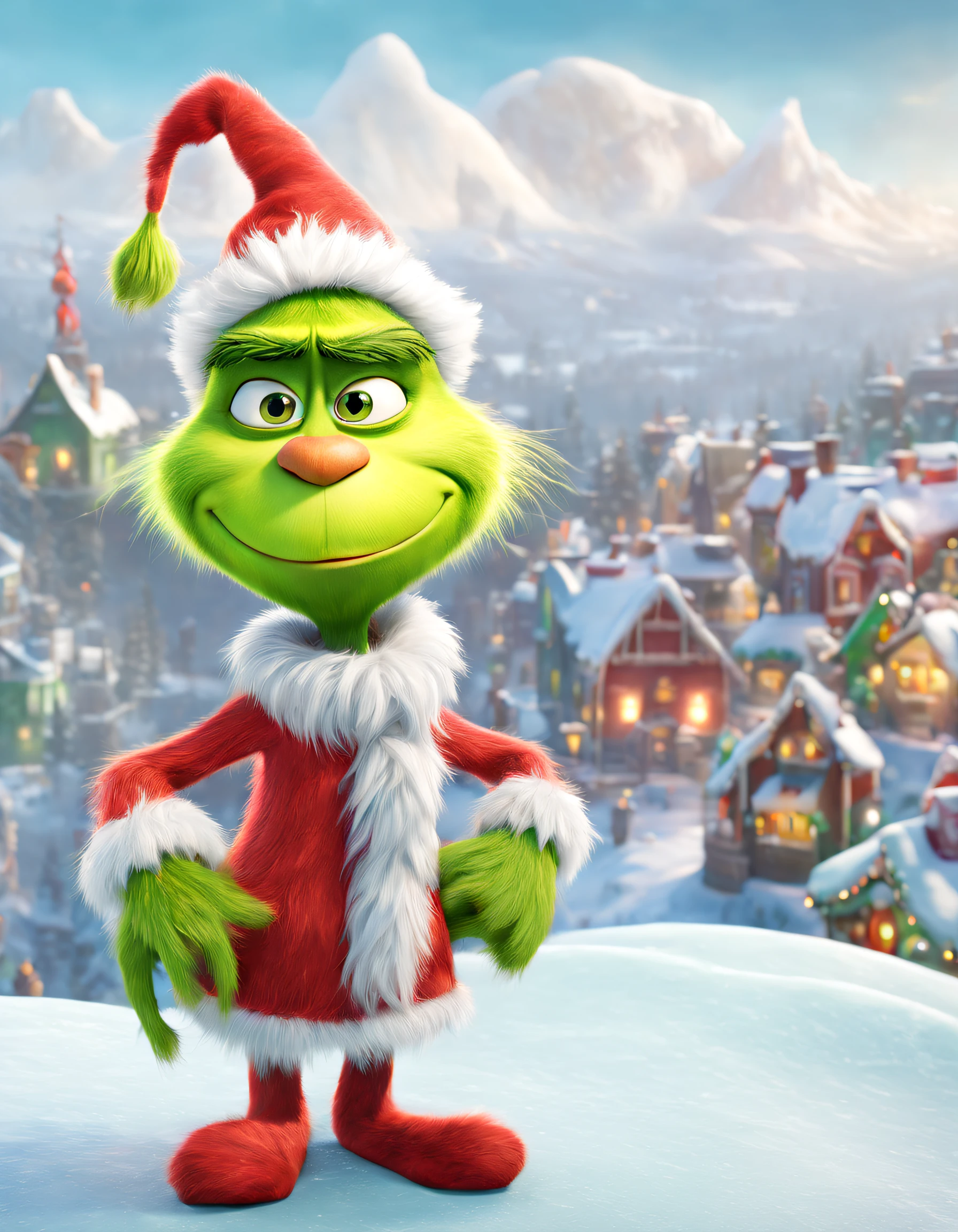 ultra-realistic realism, by Pixar, 电影灯光, expected insert, Outer border, in a panoramic view, wide angles, Sony FE General Manager, tmasterpiece, hyper HD, ctextured skin, high detal, high qulity, Award-Awarded, Best quality at best, A high resolution, 8K
(Grinch stands on a cliff overlooking Woville Town），Grinch is a green, furry, big bellied, pear shaped, slender legged, short nosed humanoid creature with a cat like face and a cynical expression, wearing a red and white scarf. Background: Ice covered cliffs and Christmas decorated Whoville Town